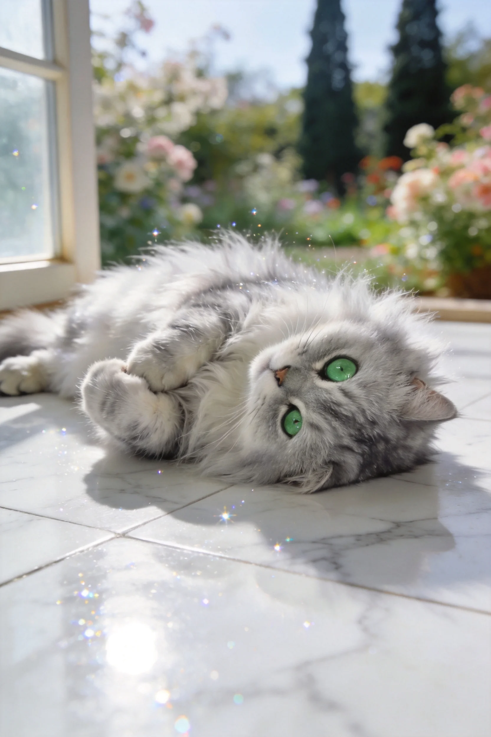 长毛灰白波斯猫,绿色眼眸明亮,蓬松毛发贴在地砖上,姿态放松。