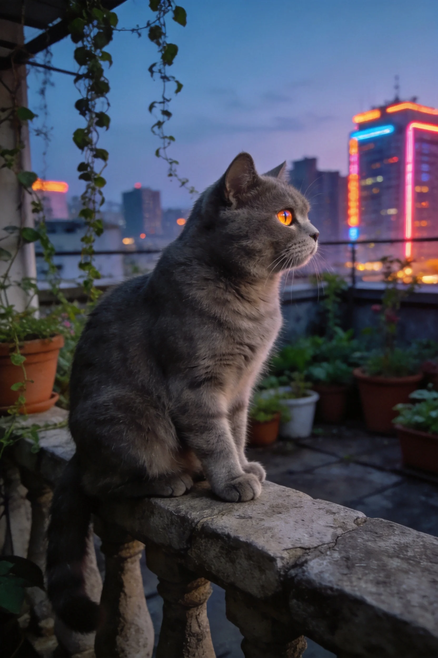 英国短毛猫,橙红色眼睛注视远方,灰色皮毛带有条纹,坐在石栏杆上。