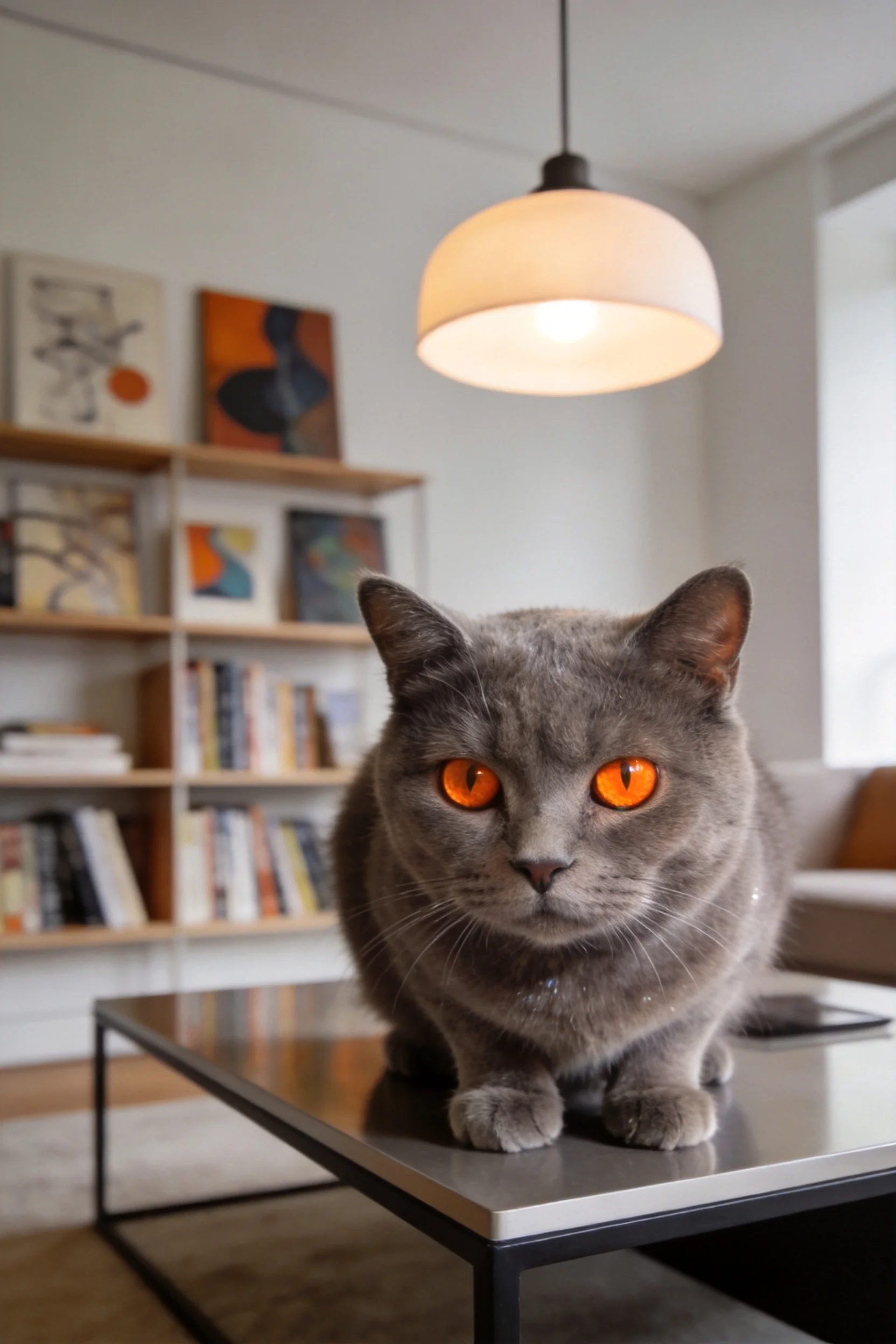英国短毛猫有着浓密的灰色被毛和明亮的橙红色眼睛,正安静地趴在现代金属咖啡桌上。