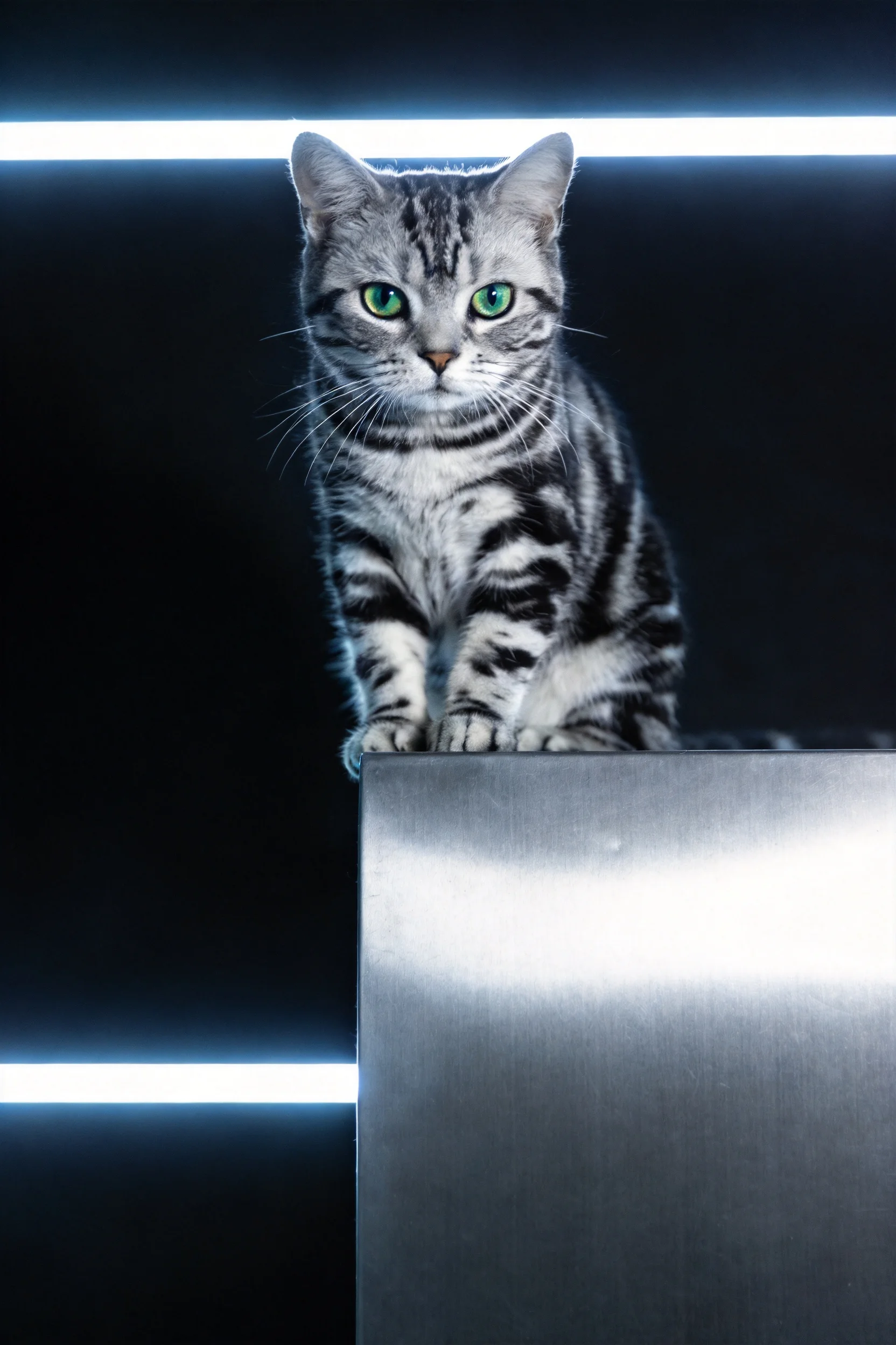 银虎斑短毛猫正坐在金属平台上，拥有银灰黑相间的斑纹和明亮的绿色眼睛，爪子稳稳地放在平台边缘。
