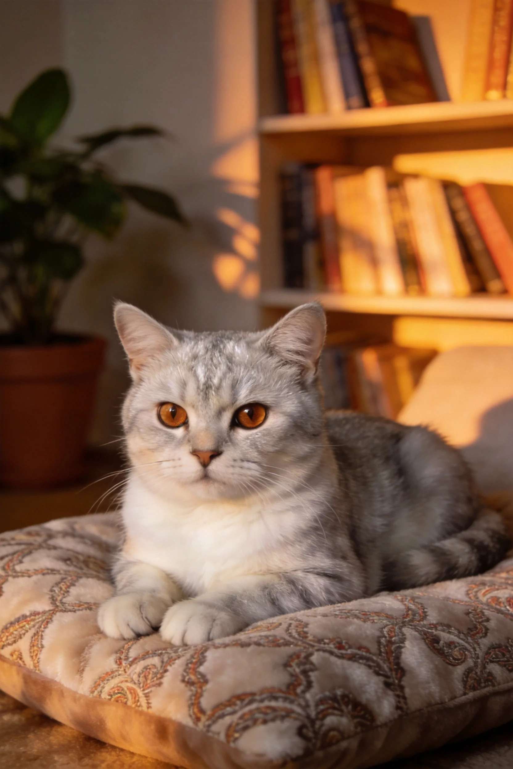 银灰白英国短毛猫趴在装饰性靠垫上，毛发短而顺滑，眼部明亮有神。
