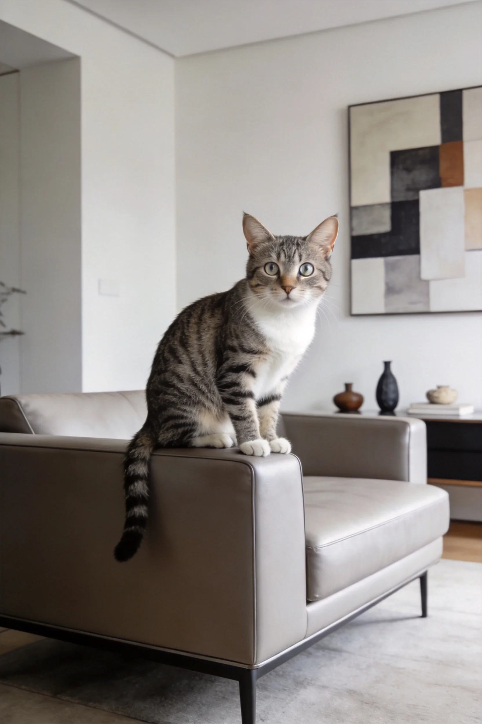 虎斑短毛猫正坐在浅灰色沙发的扶手上,灰黑相间的条纹毛发清晰可见。
