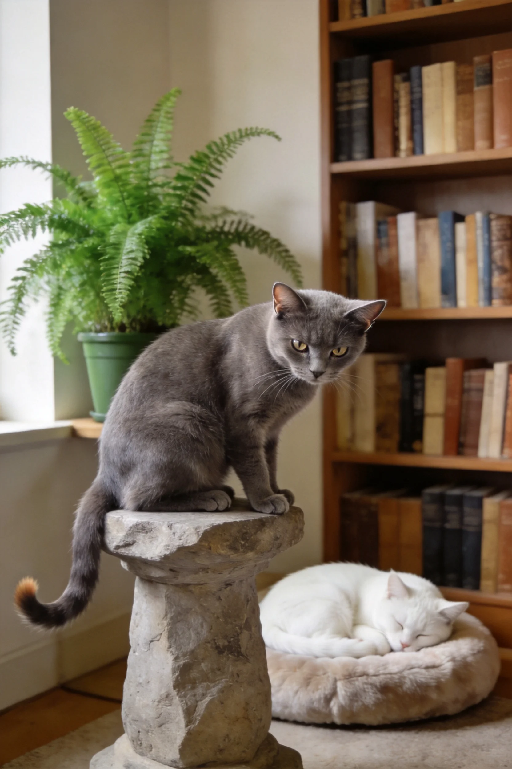 灰色英国短毛猫站在石质凳子上,身体呈深灰色,眼睛明亮。