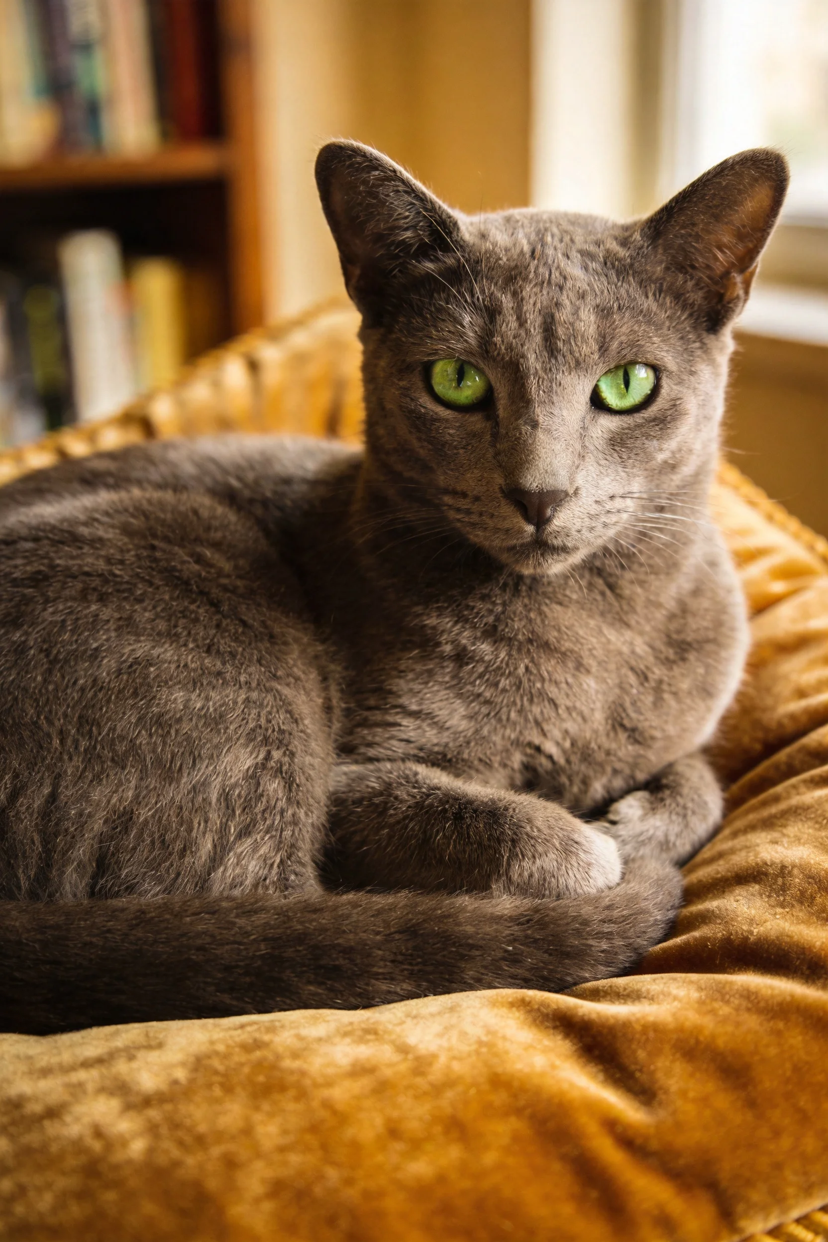 俄罗斯蓝猫蓝灰色被毛搭配绿色眼眸,安静趴在黄色软垫上,前爪轻放姿态优雅。