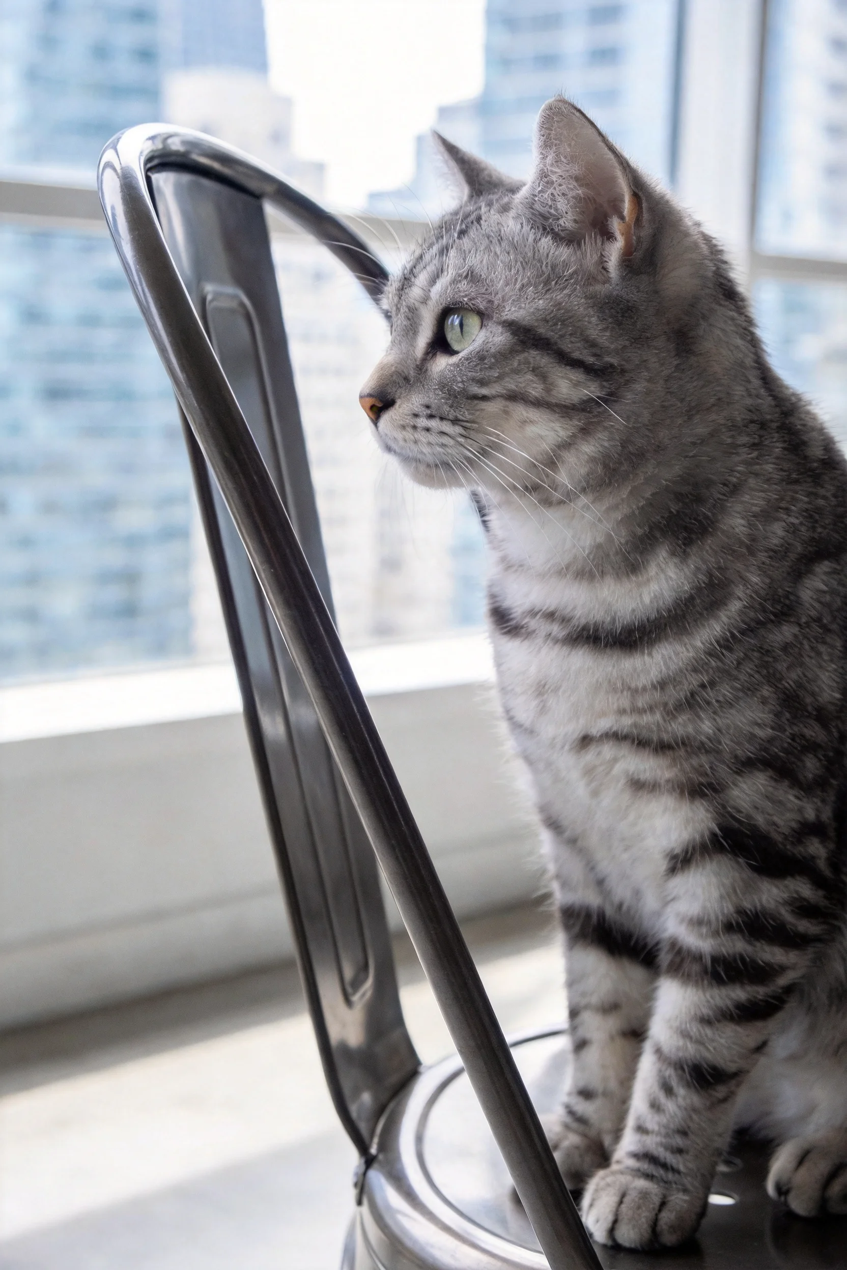 短毛虎斑猫安静地坐在金属椅上,身上清晰的灰色虎斑纹路十分明显,目光专注地看向窗外。