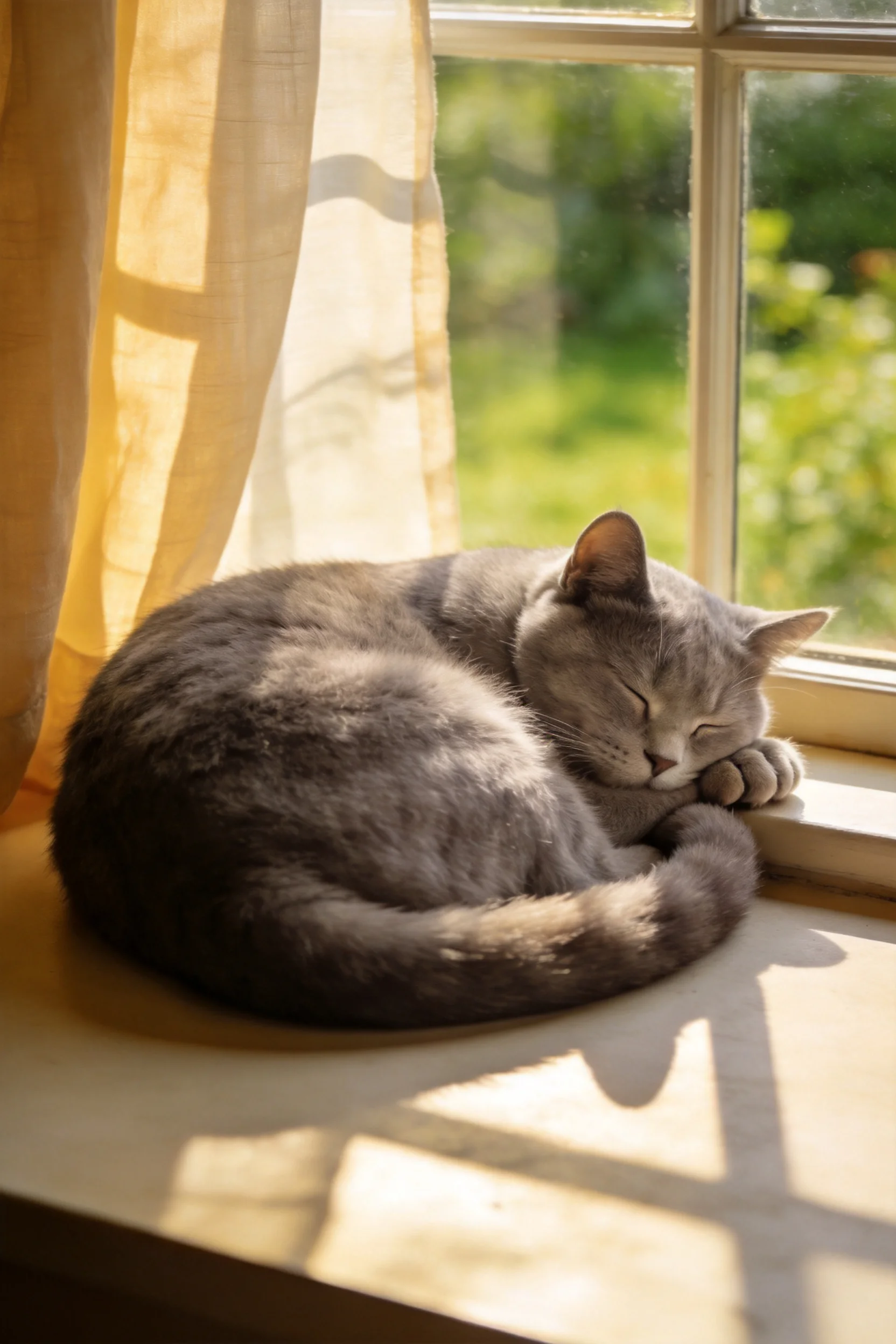 灰英国短毛猫蜷缩在窗台上,柔软的灰色皮毛贴附在窗沿处。