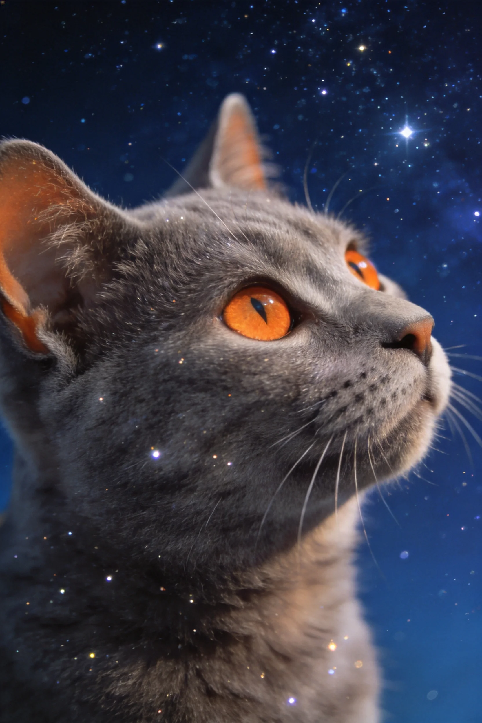 灰色英国短毛猫仰视星空，橙红色眼睛明亮，面部短毛浓密柔软。