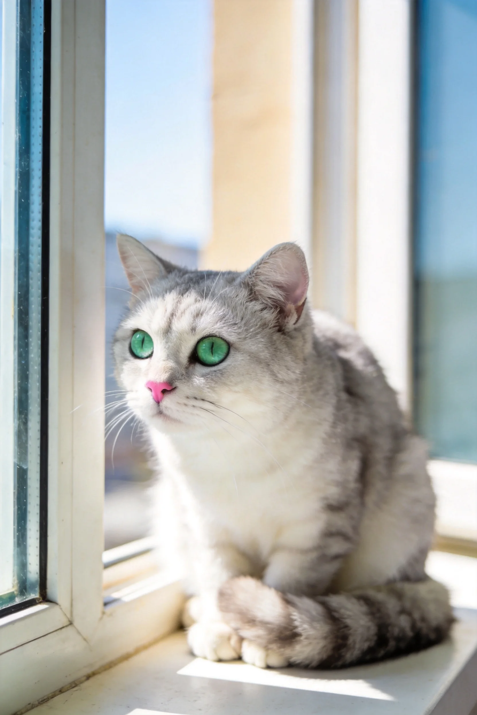 银渐层英国短毛猫有着明亮的绿色眼睛,柔软的灰色带纹毛发,正安静地坐在窗台上眺望。
