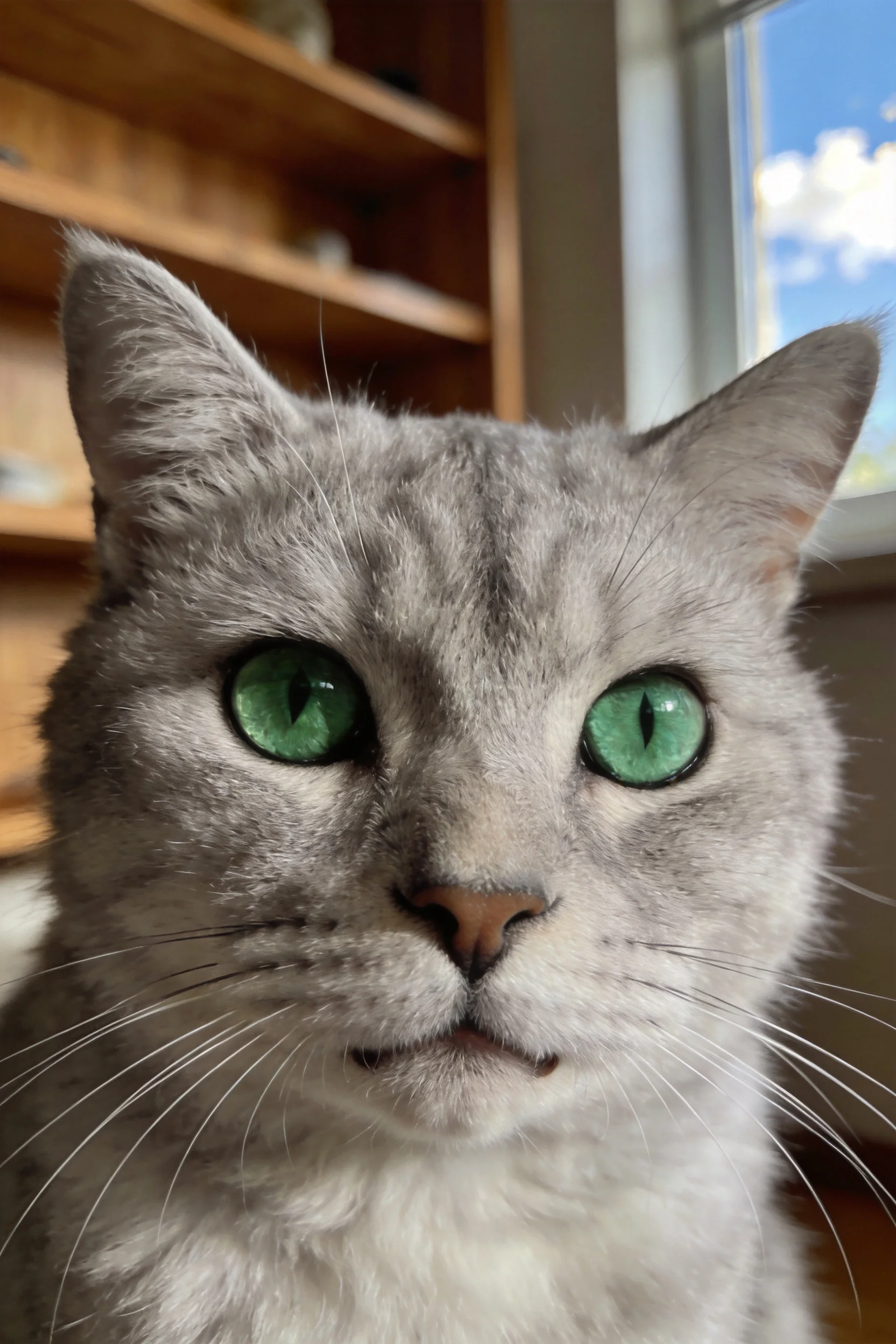 银渐层英国短毛猫拥有大而明亮的绿色眼睛,毛发呈灰色带斑纹,面部细节清晰。