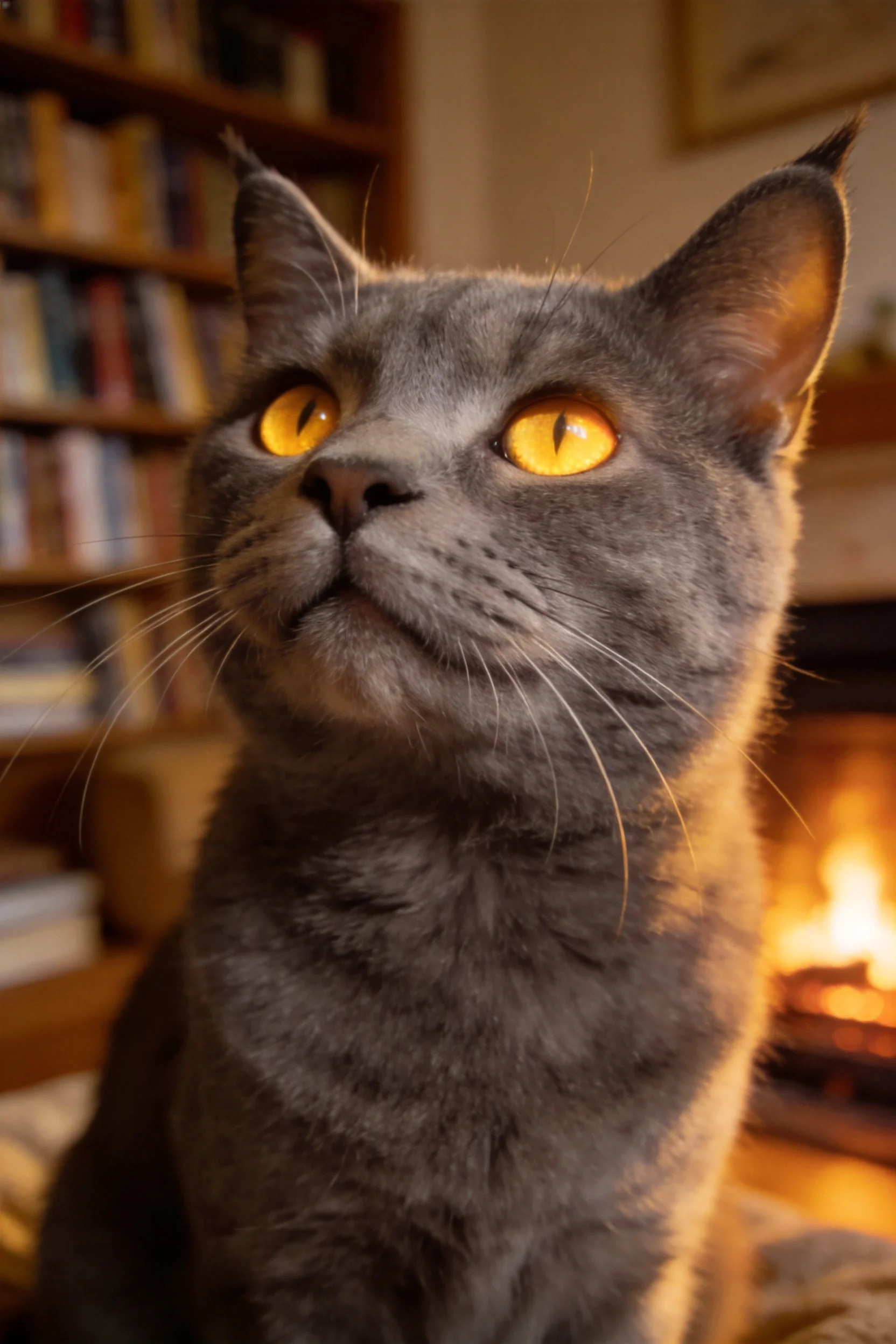 法国短毛猫拥有明亮的黄色眼睛,蓝灰色被毛在暖光下显得柔软,胡须清晰可见。