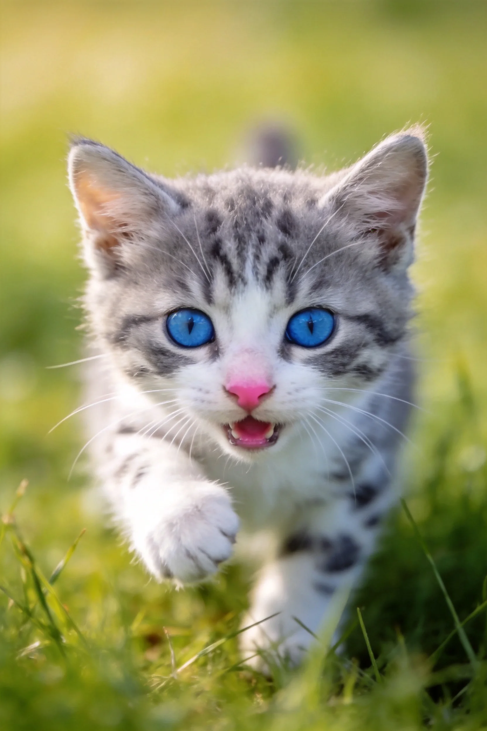 银虎斑短毛猫有着明亮的蓝色眼睛和银灰虎斑纹毛发,正欢快地奔跑在阳光照耀的草地上。