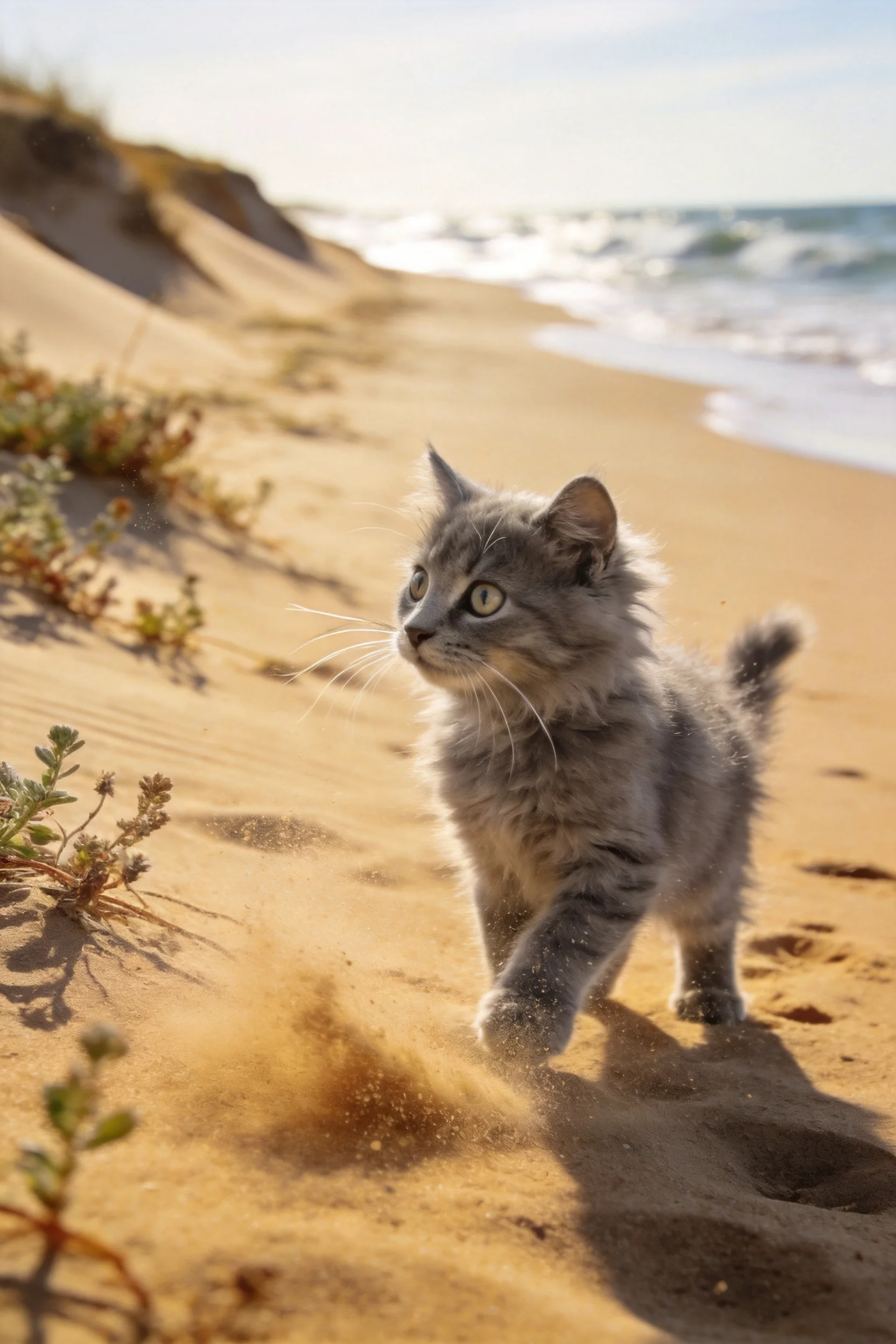 灰色长毛小猫，蓬松柔软的毛发在阳光下显得格外清晰。