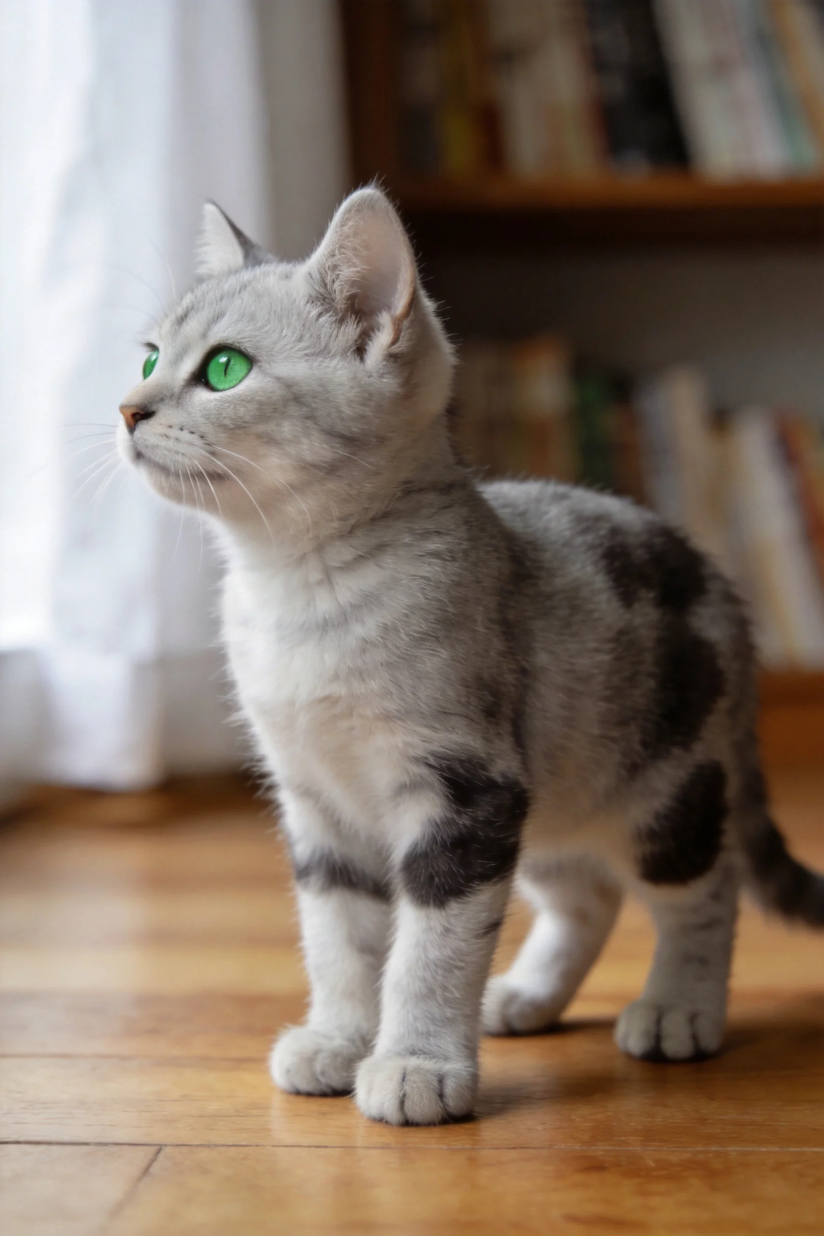 银虎斑美国短毛猫有着明亮的绿色眼眸和带有深色斑点的银灰色皮毛。