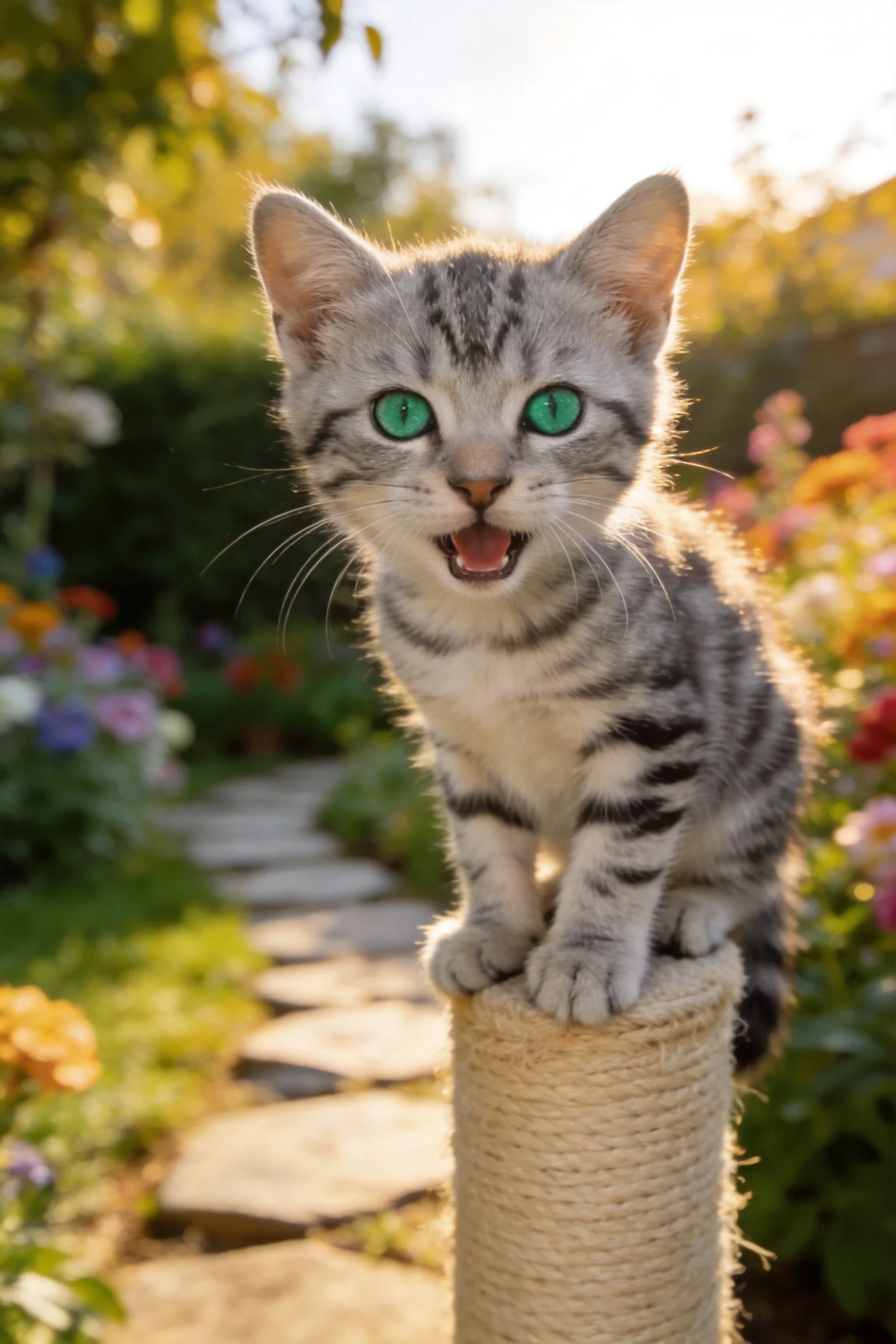 短毛银虎斑猫站在绳索圆柱上，明亮的绿色眼睛注视前方。
