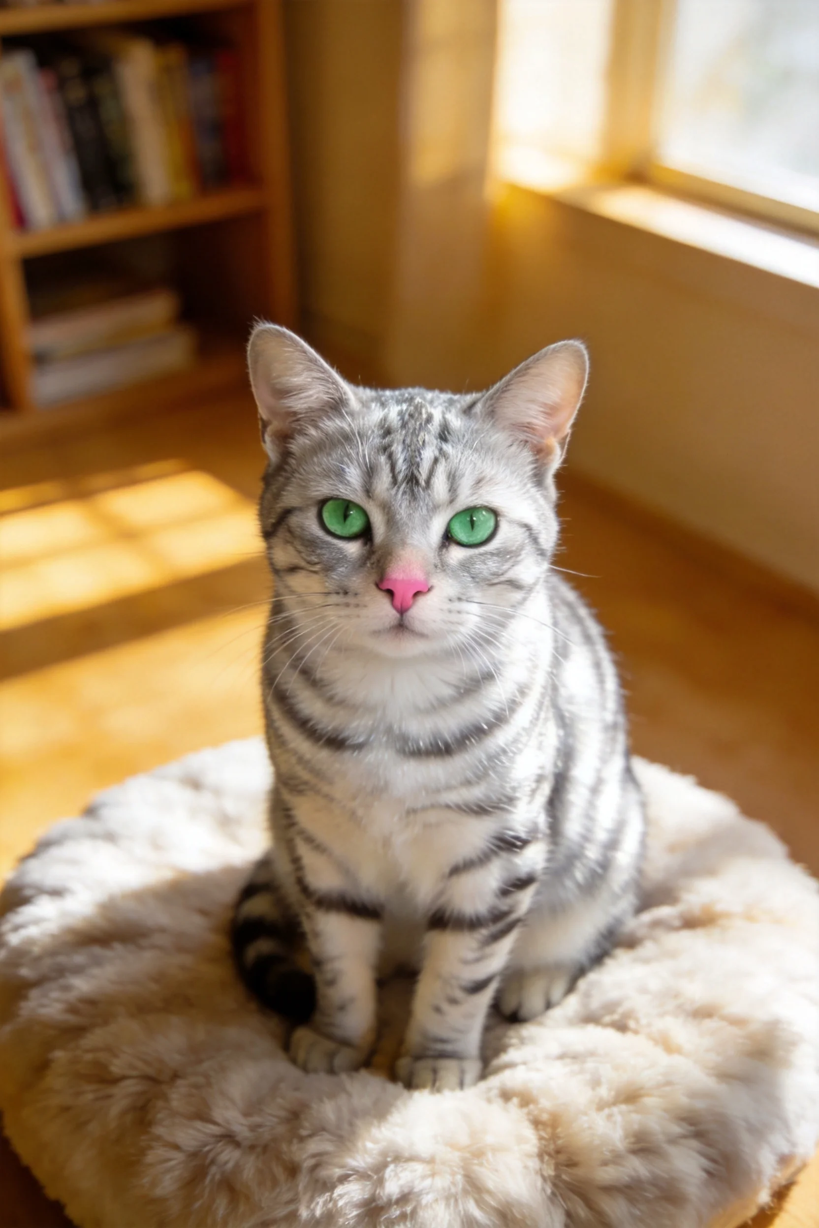 银色虎斑短毛猫坐在绒垫上,绿色眼眸明亮,粉红色鼻头清晰可见。