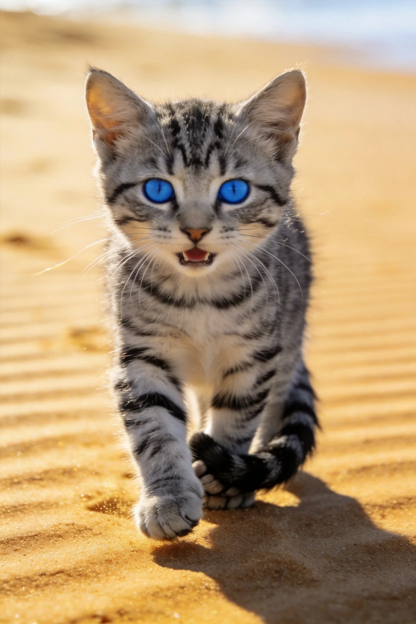 银灰虎斑短毛猫行走时露出明亮的蓝色眼睛和清晰的虎斑纹路。