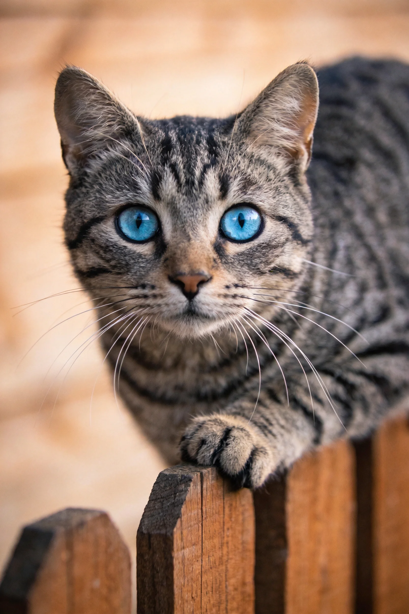 短毛虎斑猫有着明亮的蓝色眼睛和清晰的灰色虎斑纹路,前爪搭在木质栅栏顶端,身体姿态警觉。