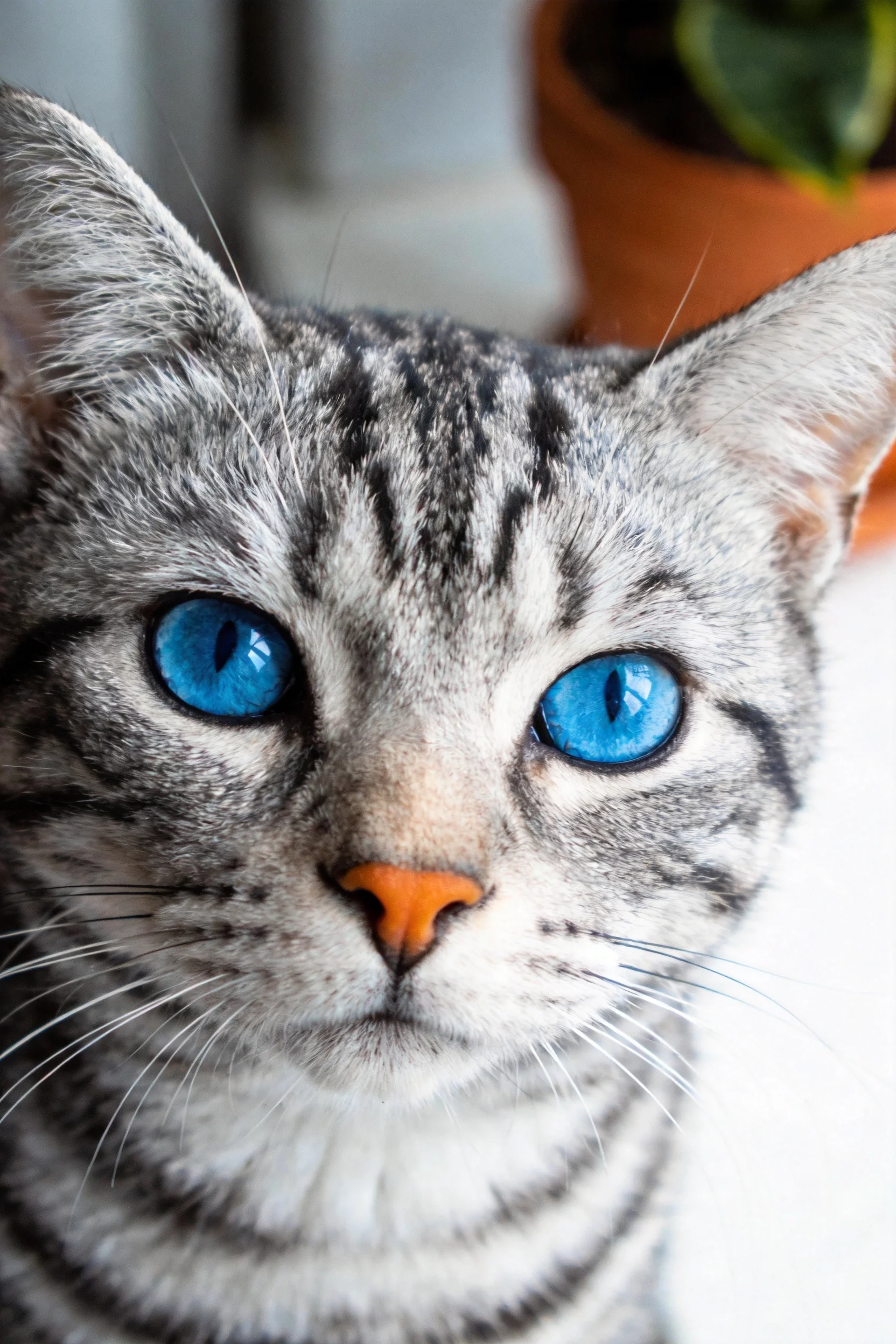 银虎斑短毛猫拥有蓝色眼睛和银灰色带黑纹的短毛皮毛。