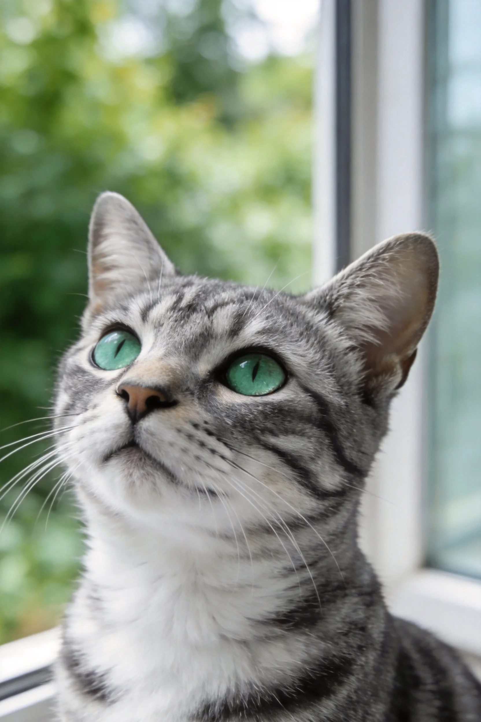 短毛虎斑猫有明亮绿色眼睛,皮毛带清晰条纹图案,正凝视窗外景象。