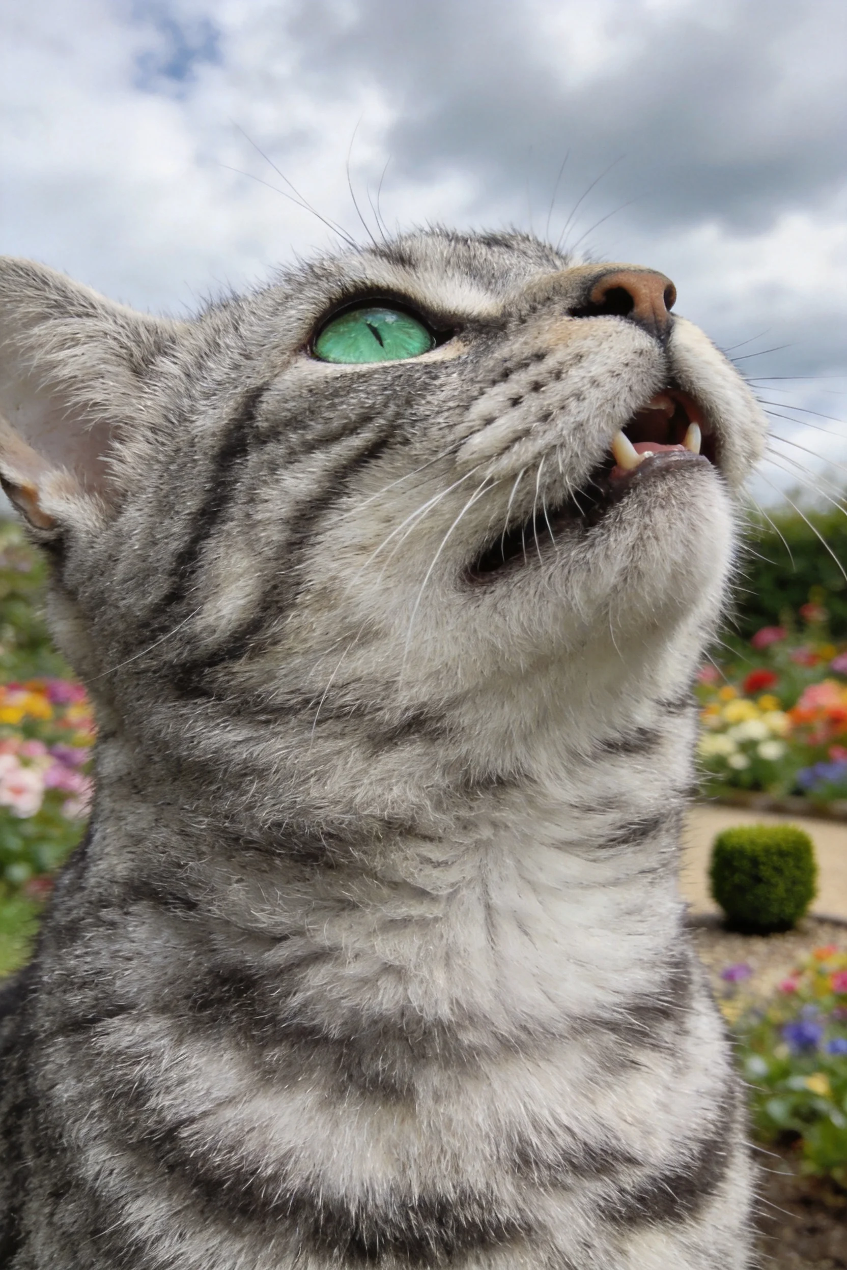 灰虎斑短毛猫抬头张望时,绿色眼眸明亮清澈,嘴巴微张露出洁白牙齿。
