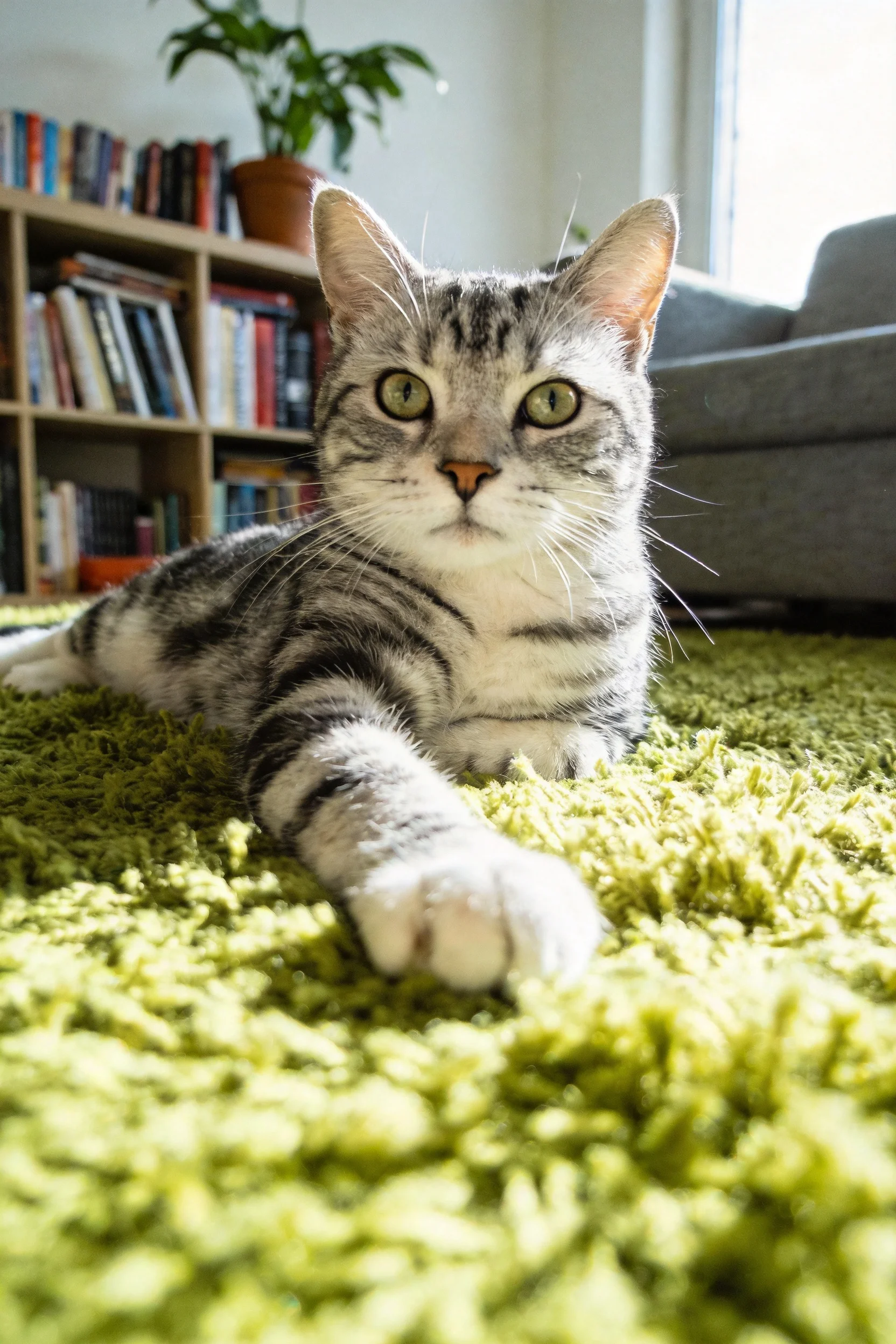 银虎斑短毛猫安静趴在绿色地毯上,眼睛明亮,前爪向前伸展,毛发柔软顺滑。