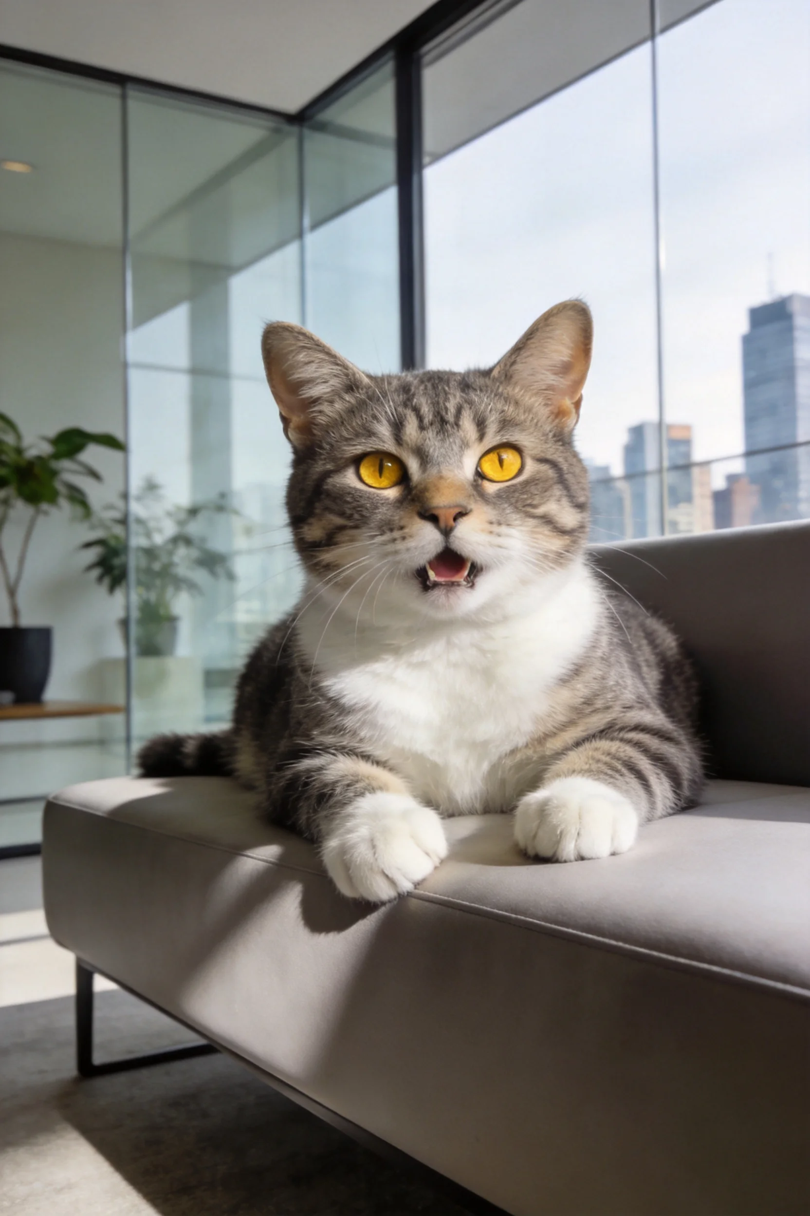 灰褐斑纹短毛猫趴在浅灰色沙发上,明亮黄色眼睛注视前方,嘴巴微张,毛发短而顺滑。