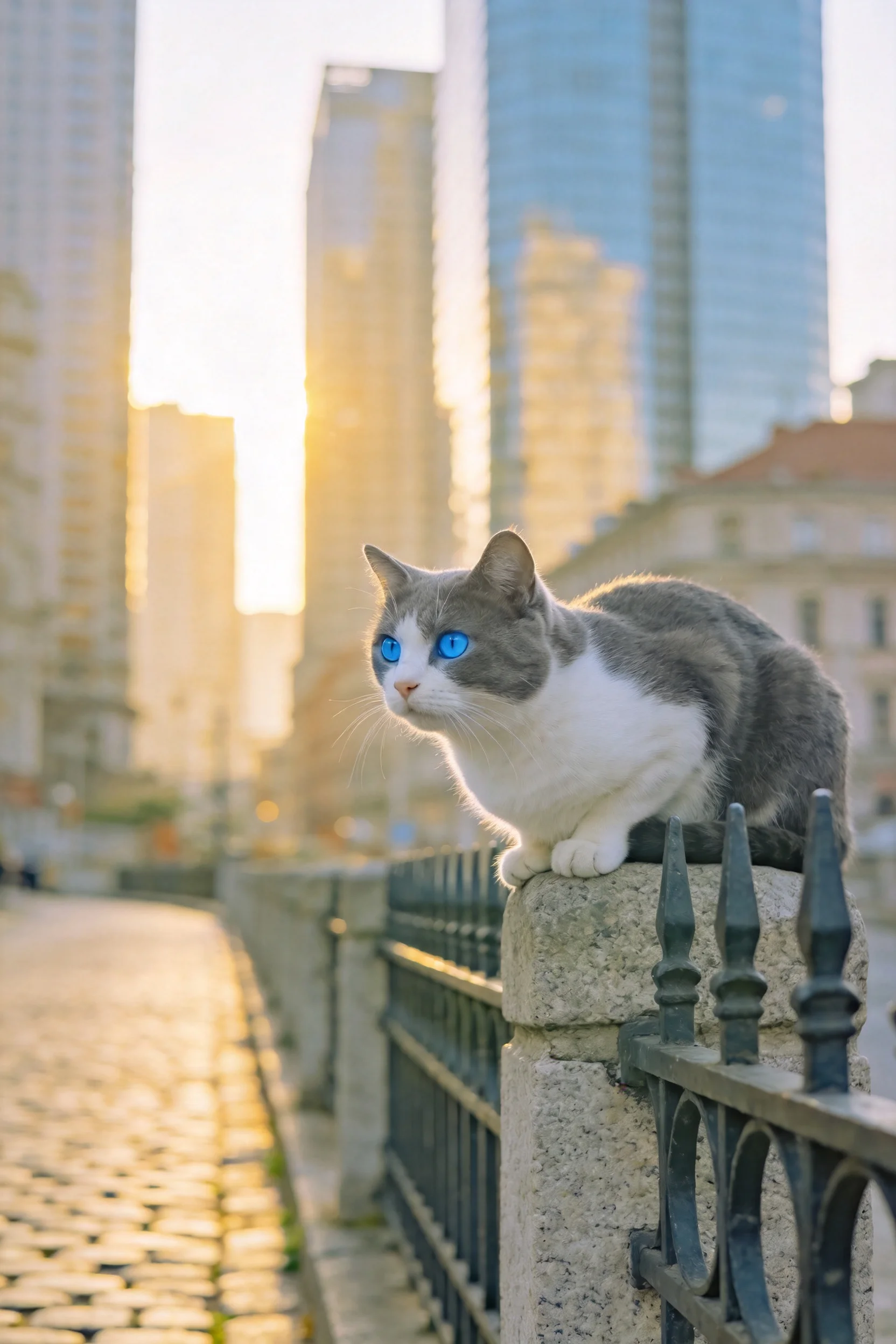 灰白双色短毛家猫蓝眼睛明亮,趴在石质围栏顶端观察远处景象。