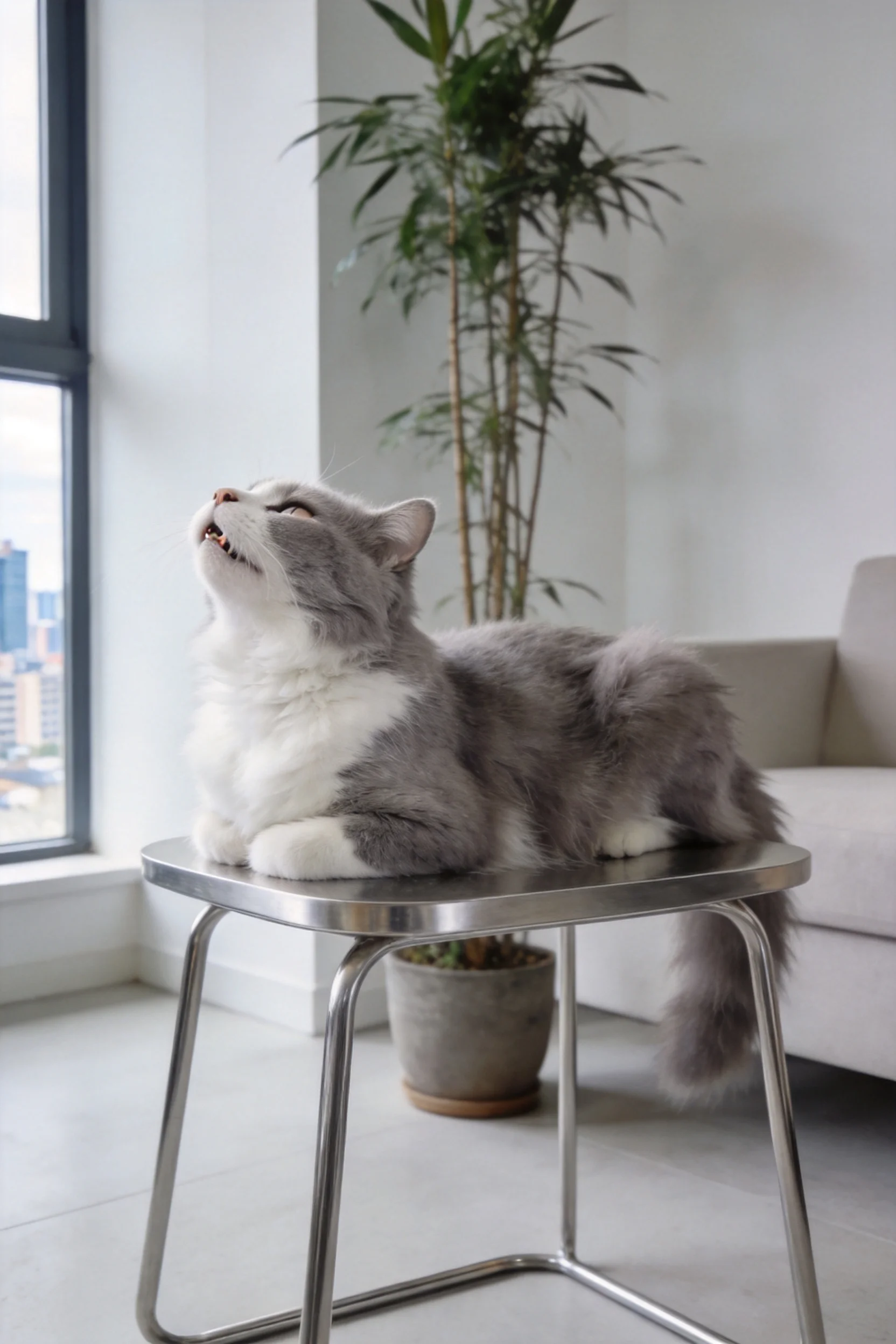 一只英长毛猫趴在金属凳上,灰白双色毛发清晰可见,头部向上仰起。