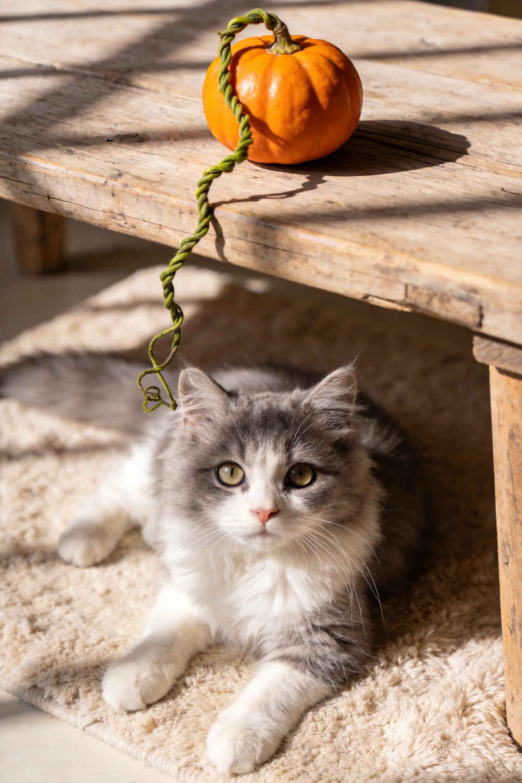 灰白双色长毛猫安静趴卧在毛毯上,身旁是小型橙色南瓜,眼神专注。
