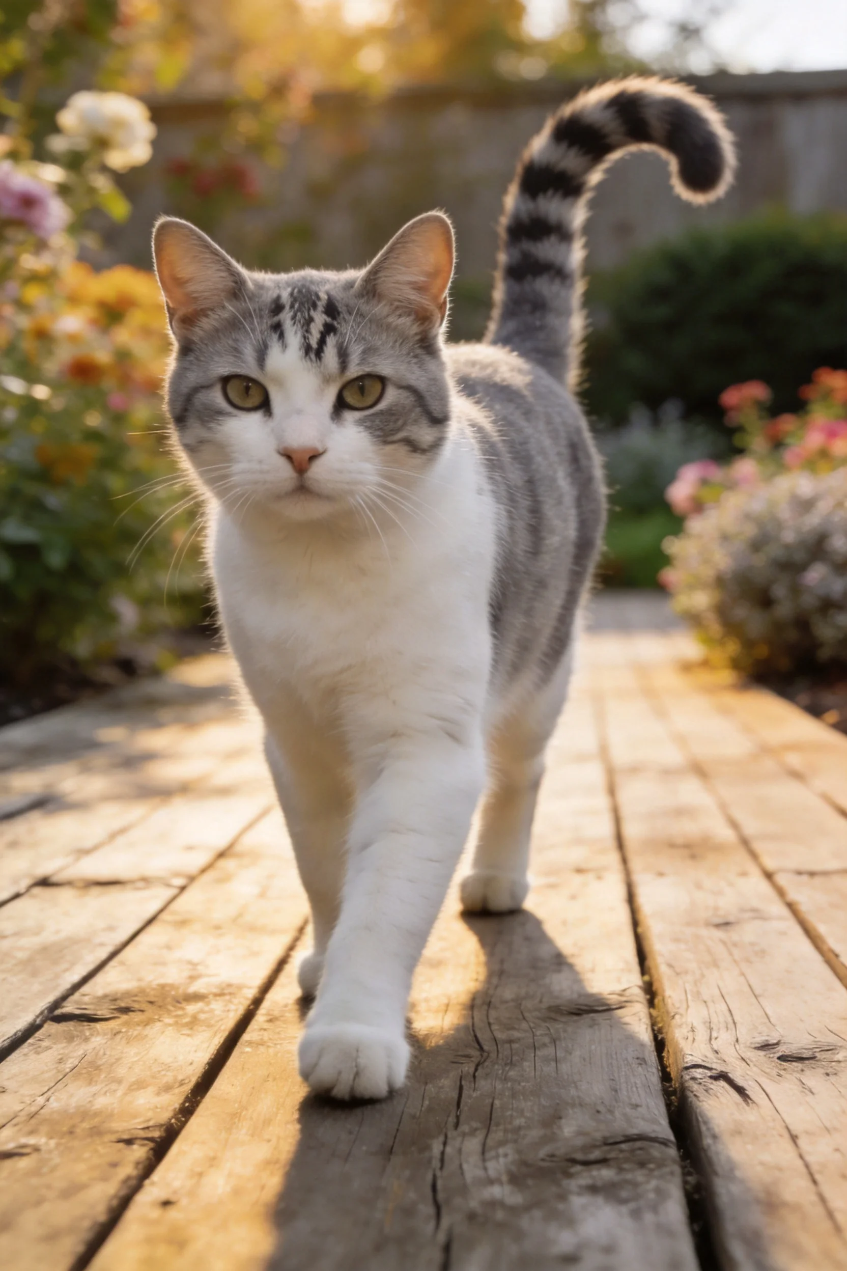 灰白相间短毛家猫正迈步走在木质平台上,毛发蓬松柔软。
