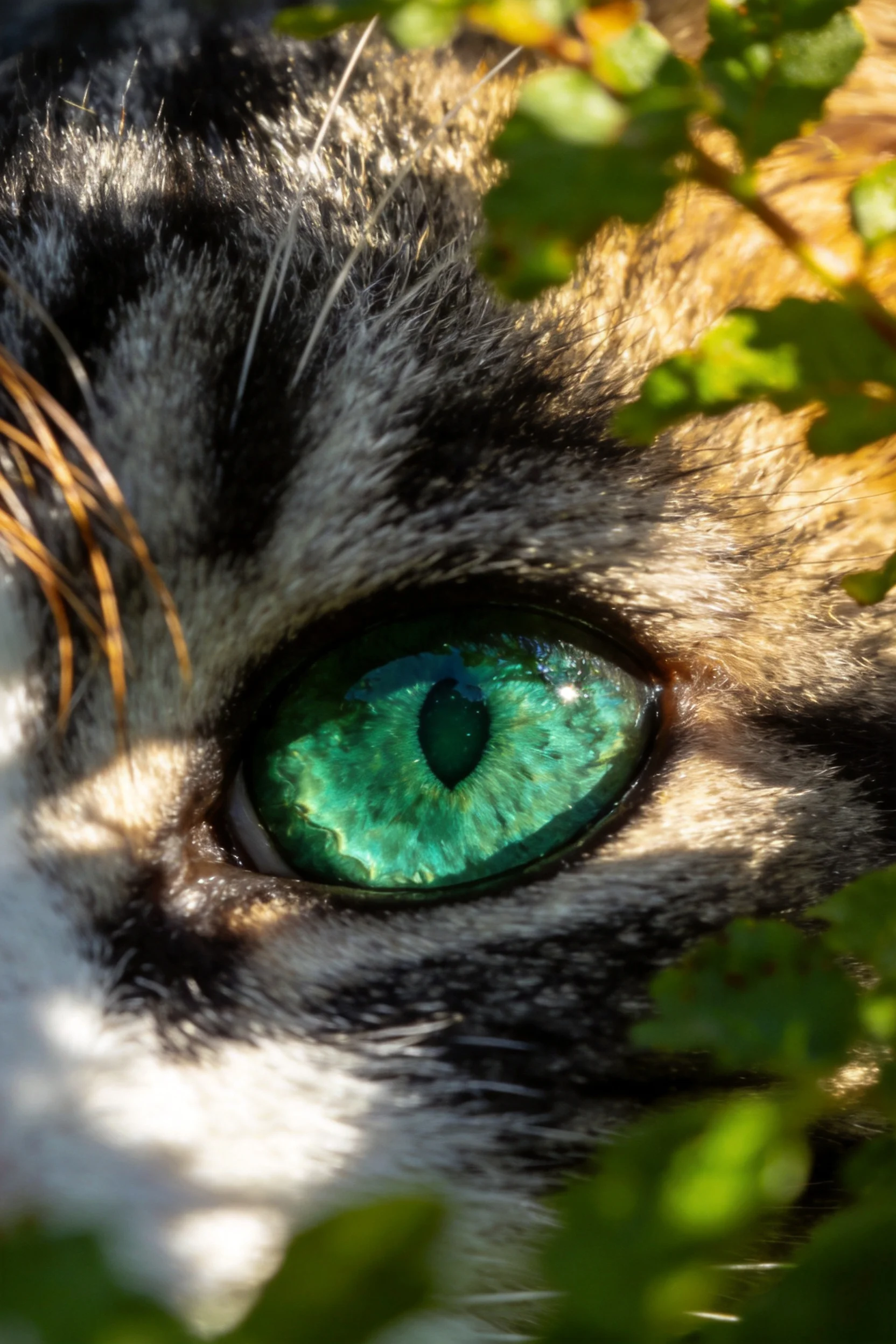 三色短毛家猫拥有清澈透亮的翠绿色眼睛,周围被绿叶环绕。