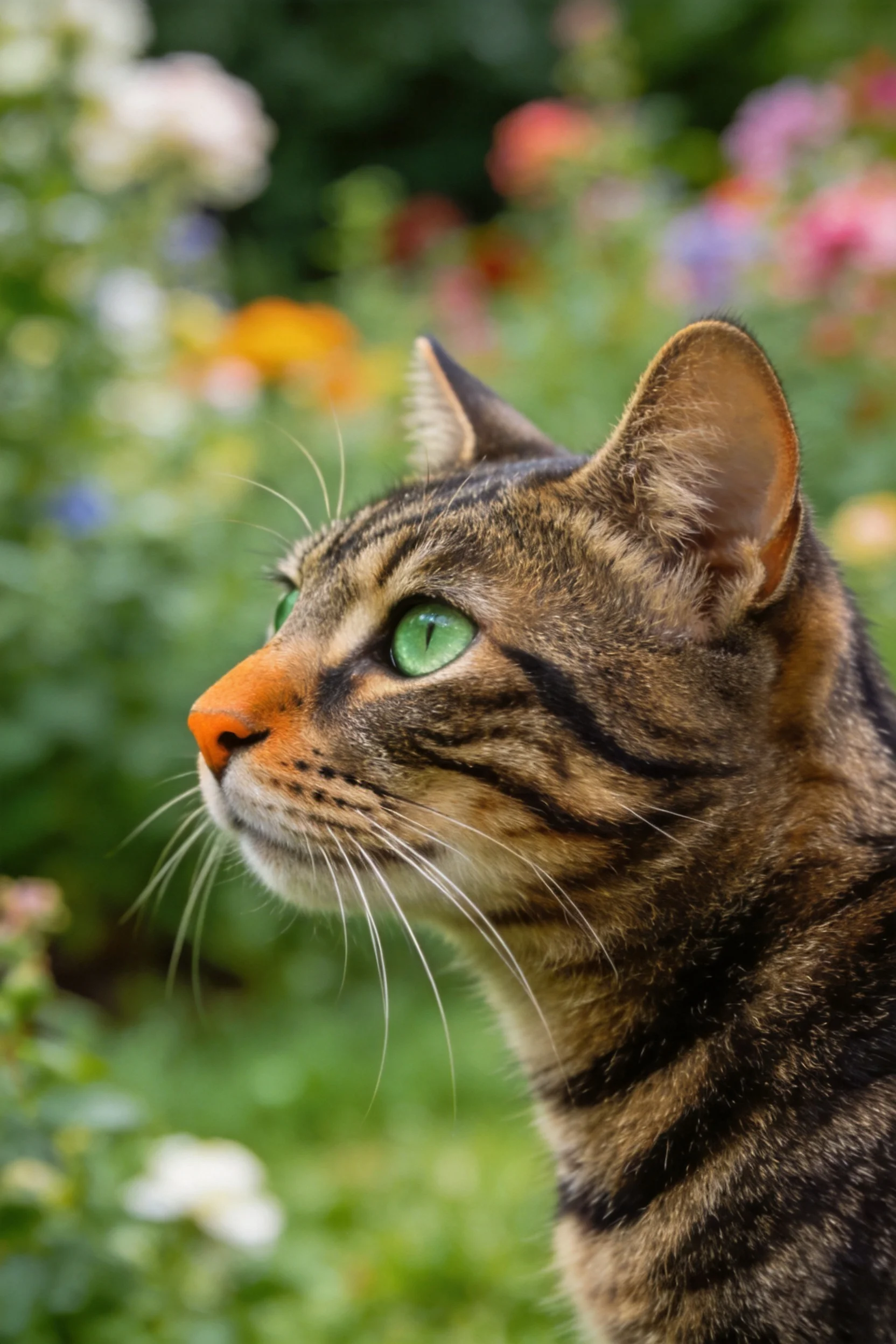 短毛虎斑猫有着翠绿色眼睛和橙色鼻头,正站在花园中向左侧眺望。