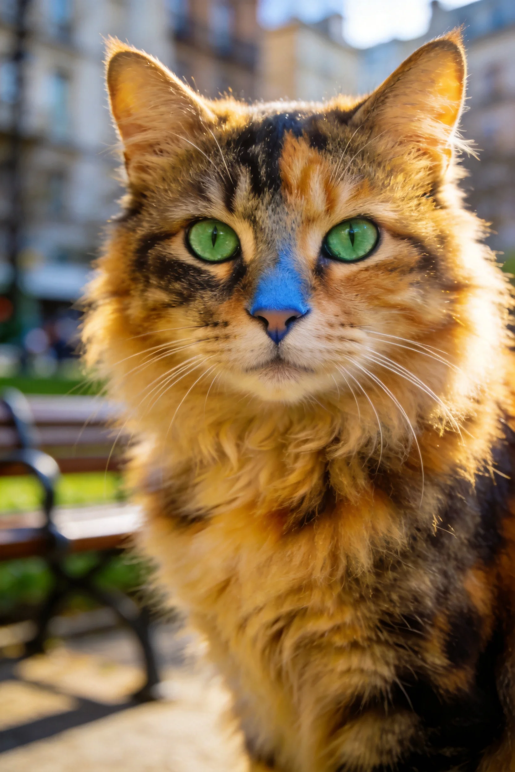 三色长毛猫拥有明亮的绿色眼睛和蓬松的毛发,鼻部呈现不的蓝色效果。