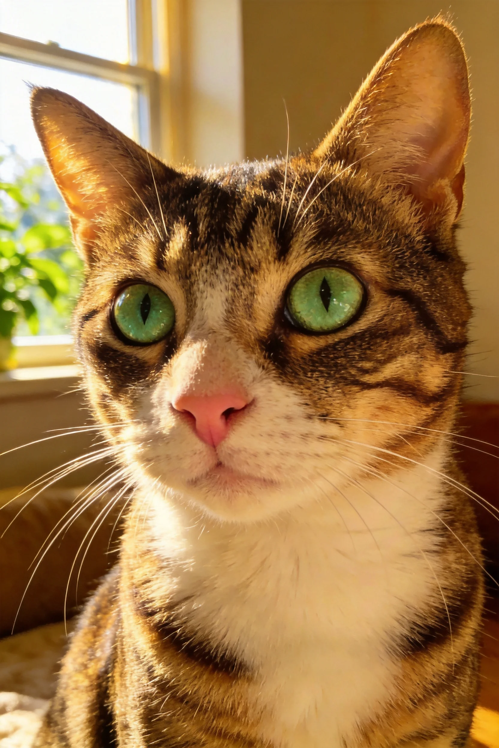 短毛玳瑁猫有着明亮的绿色眼眸,粉嫩的鼻尖与柔软的短毛在阳光下清晰可见。