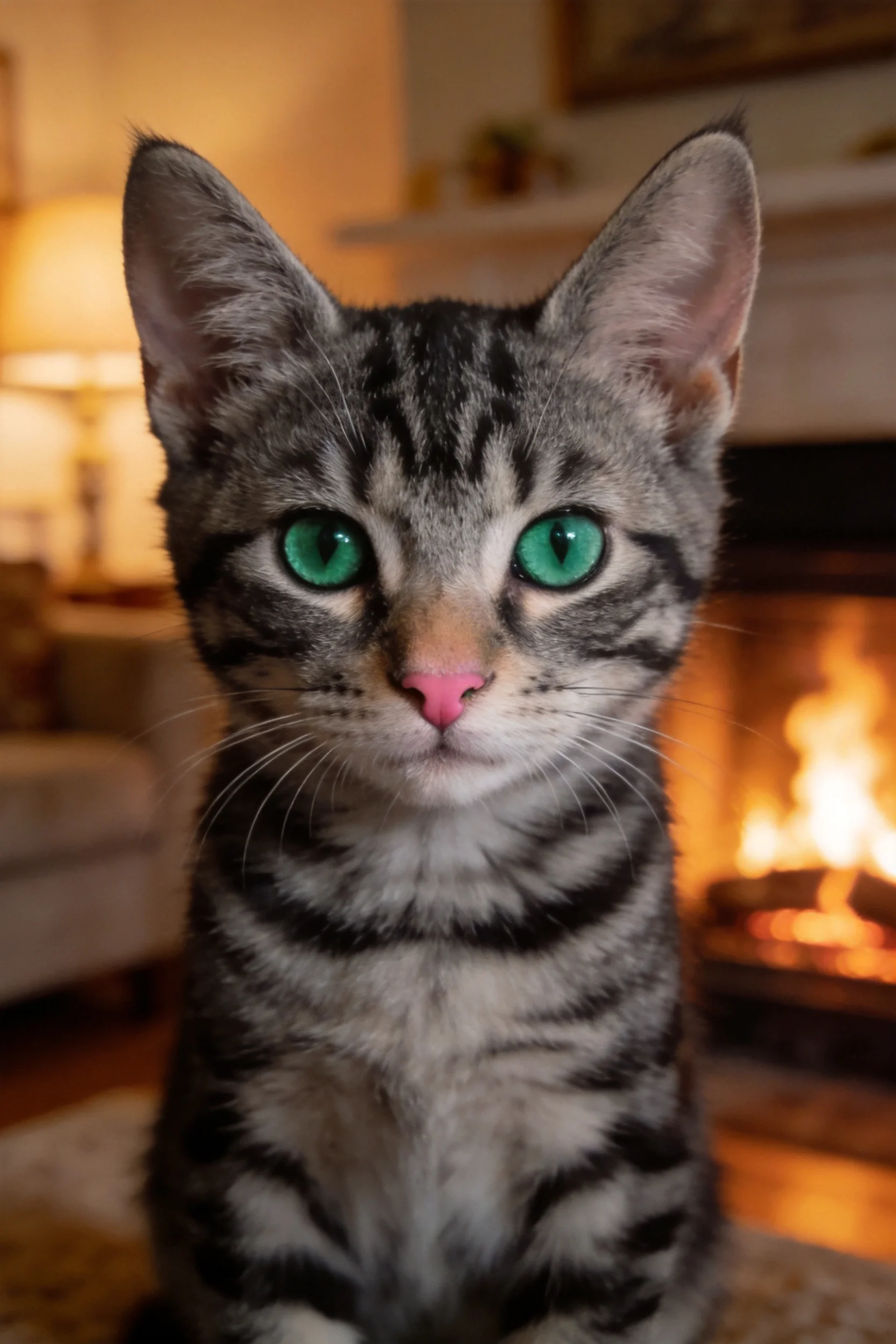 短毛虎斑家猫拥有明亮的绿色眼眸,身上清晰的虎斑纹理与柔和的室内环境形成鲜明对比。
