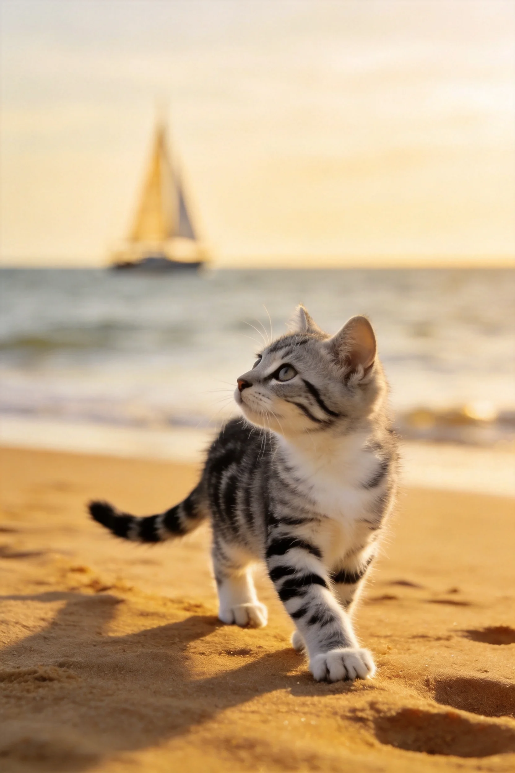 短毛虎斑猫,黑白相间的条纹毛发清晰可见,在沙滩上行走姿态。