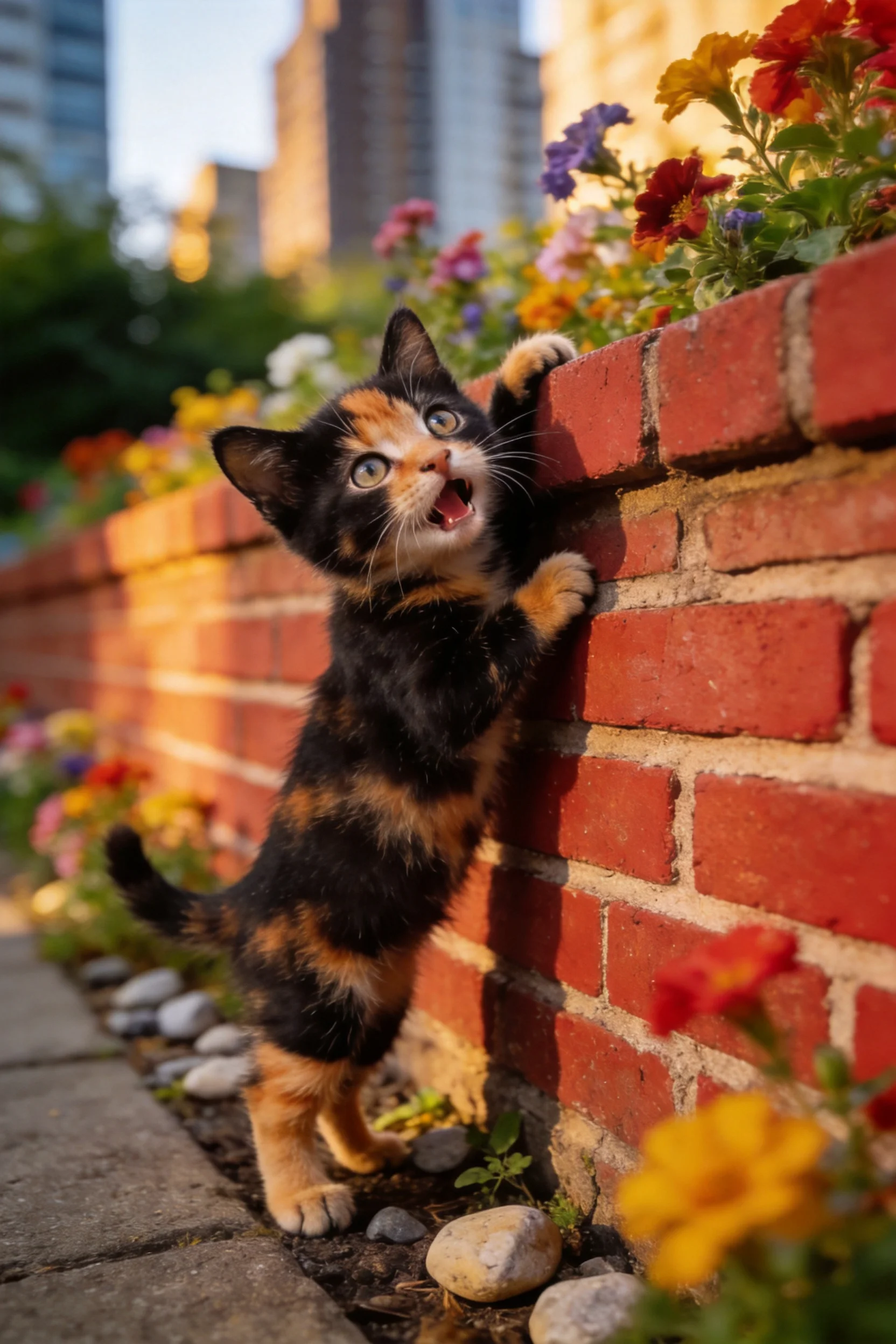 三色短毛猫正抓着红砖墙,带有橙色斑纹的皮毛在画面中清晰呈现。
