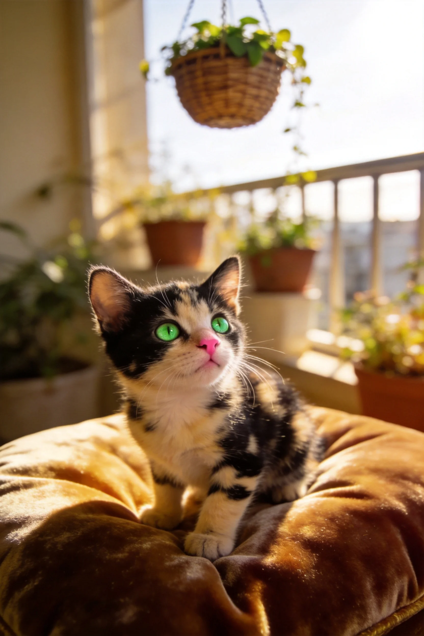 黑白短毛家猫有着绿色的眼睛和粉红色鼻头,正安静地坐在阳台的软垫上。