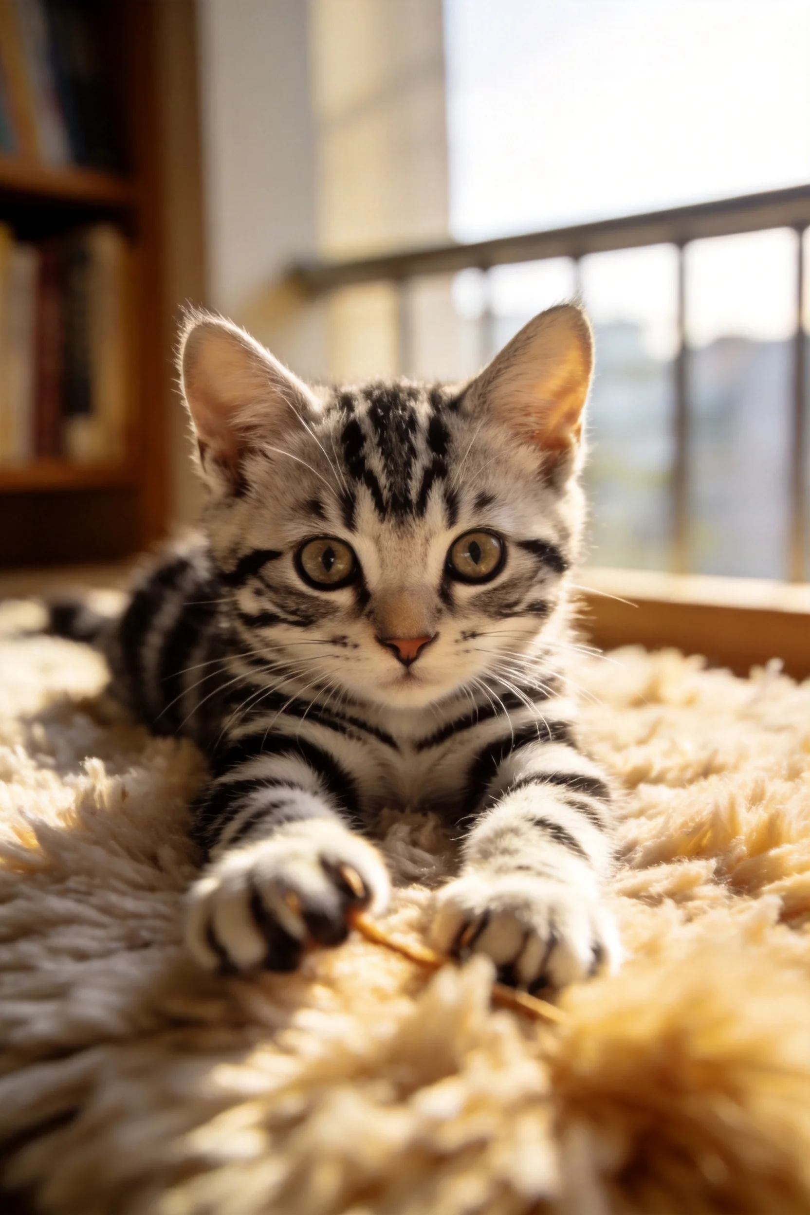 银虎斑短毛猫趴在绒毯上,有着清晰的虎斑纹路与明亮的眼睛。