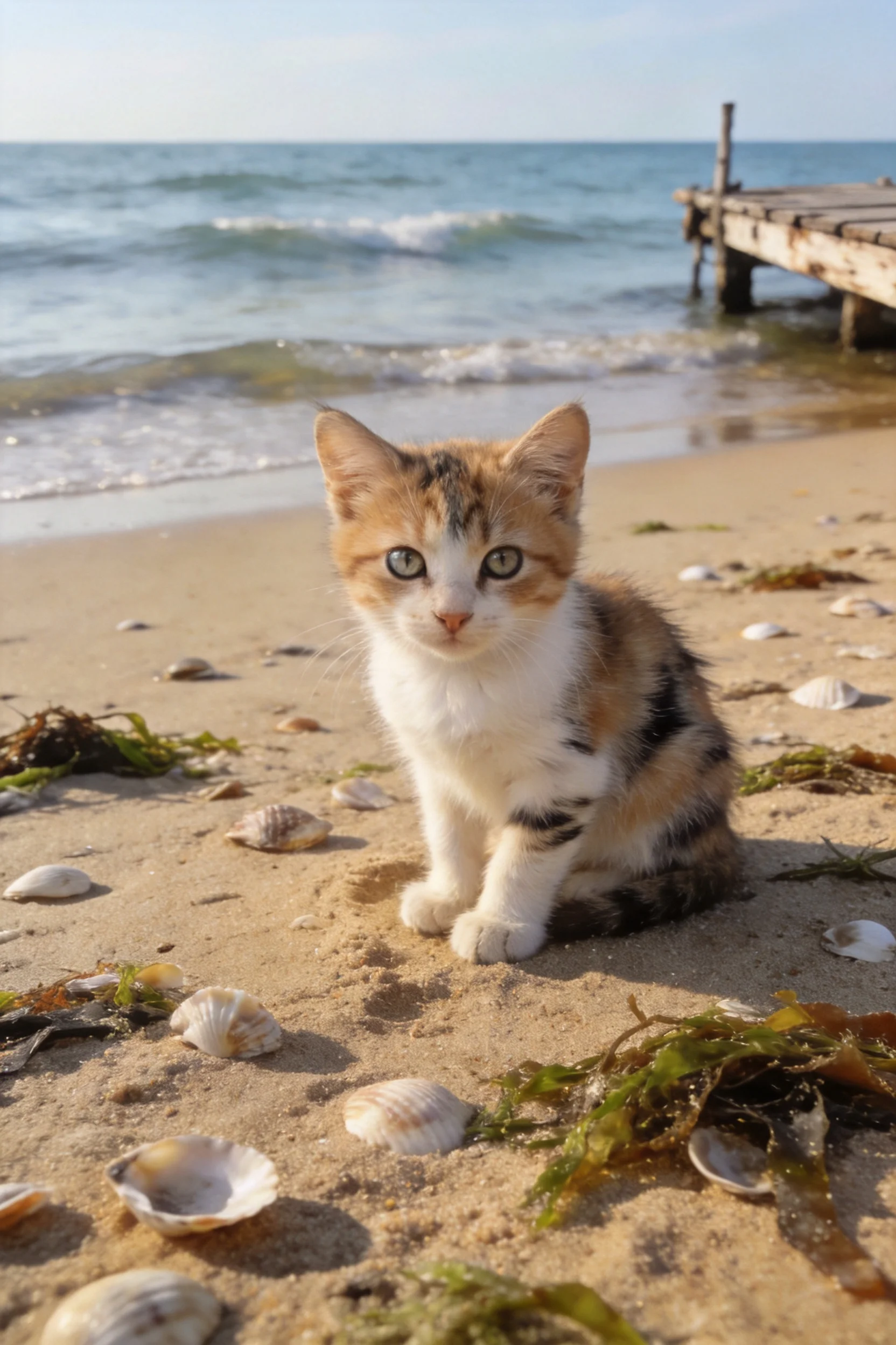 三色短毛家猫正以橙白相间的面部和带斑纹的身体坐在沙滩上凝视镜头。