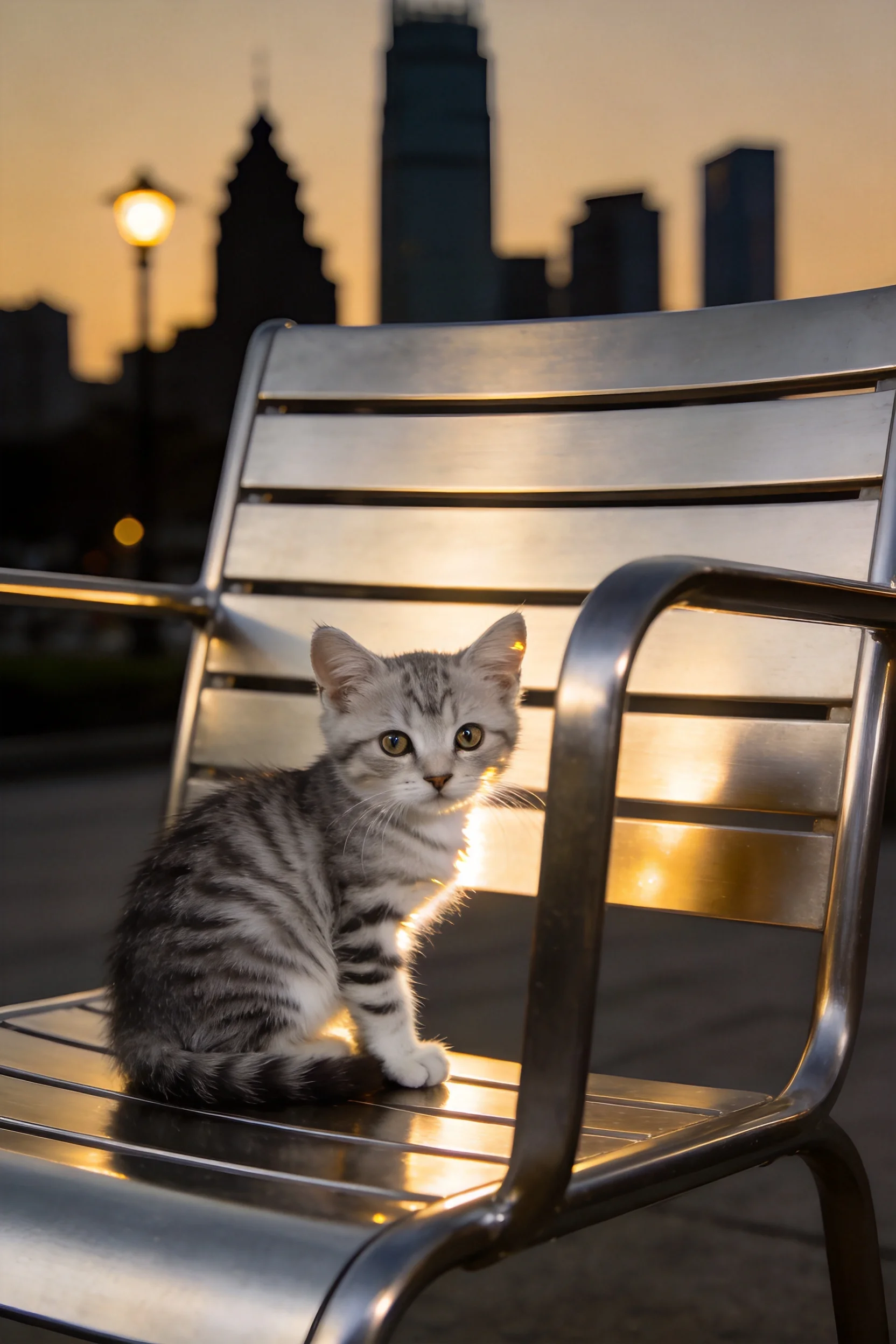 银虎斑短毛猫坐在金属椅上,灰白相间的虎斑纹清晰,眼睛明亮,正专注地凝视前方。