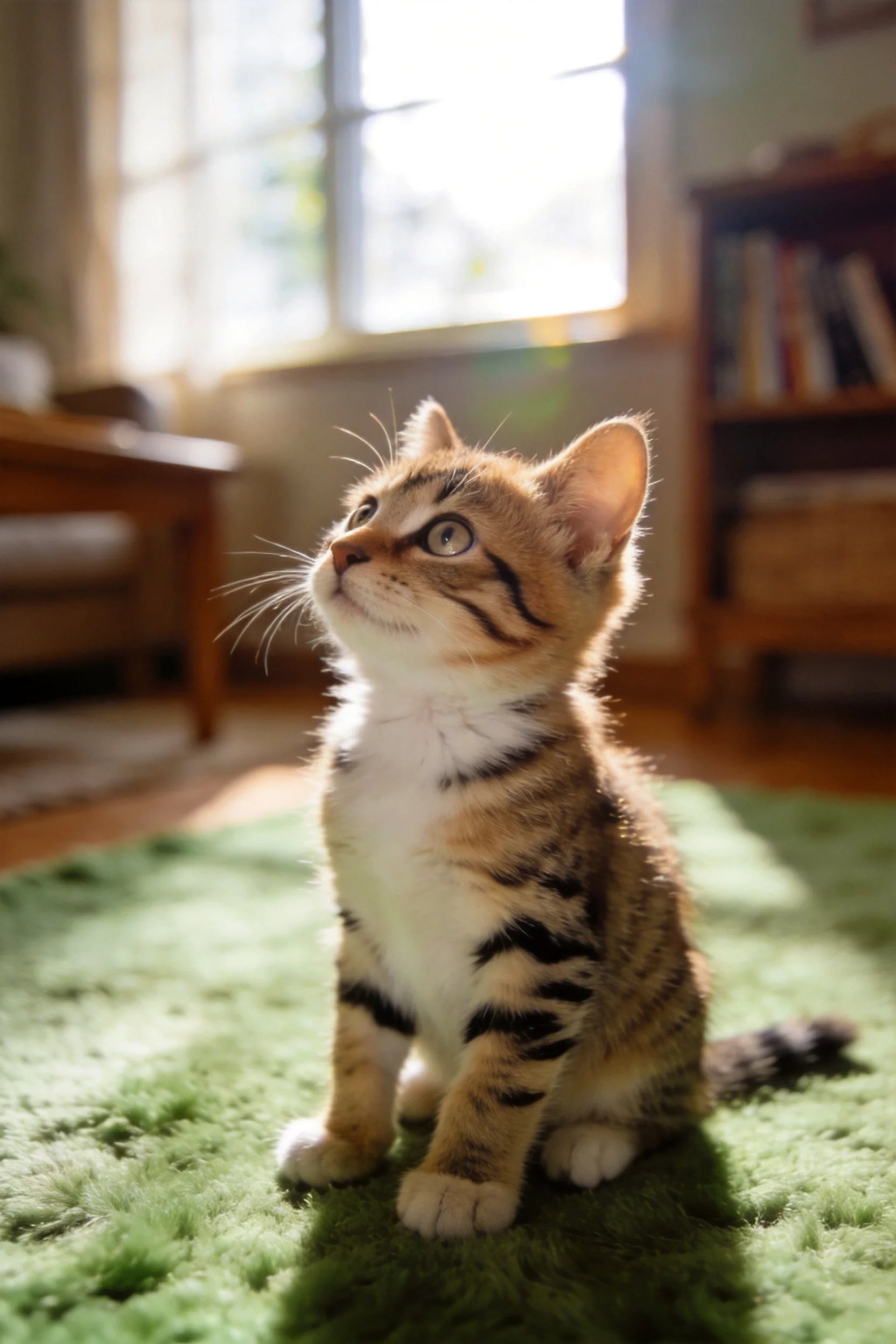 一只棕黑相间短毛家猫抬头仰望,浅绿色眼睛清晰可见,毛发短而整齐。