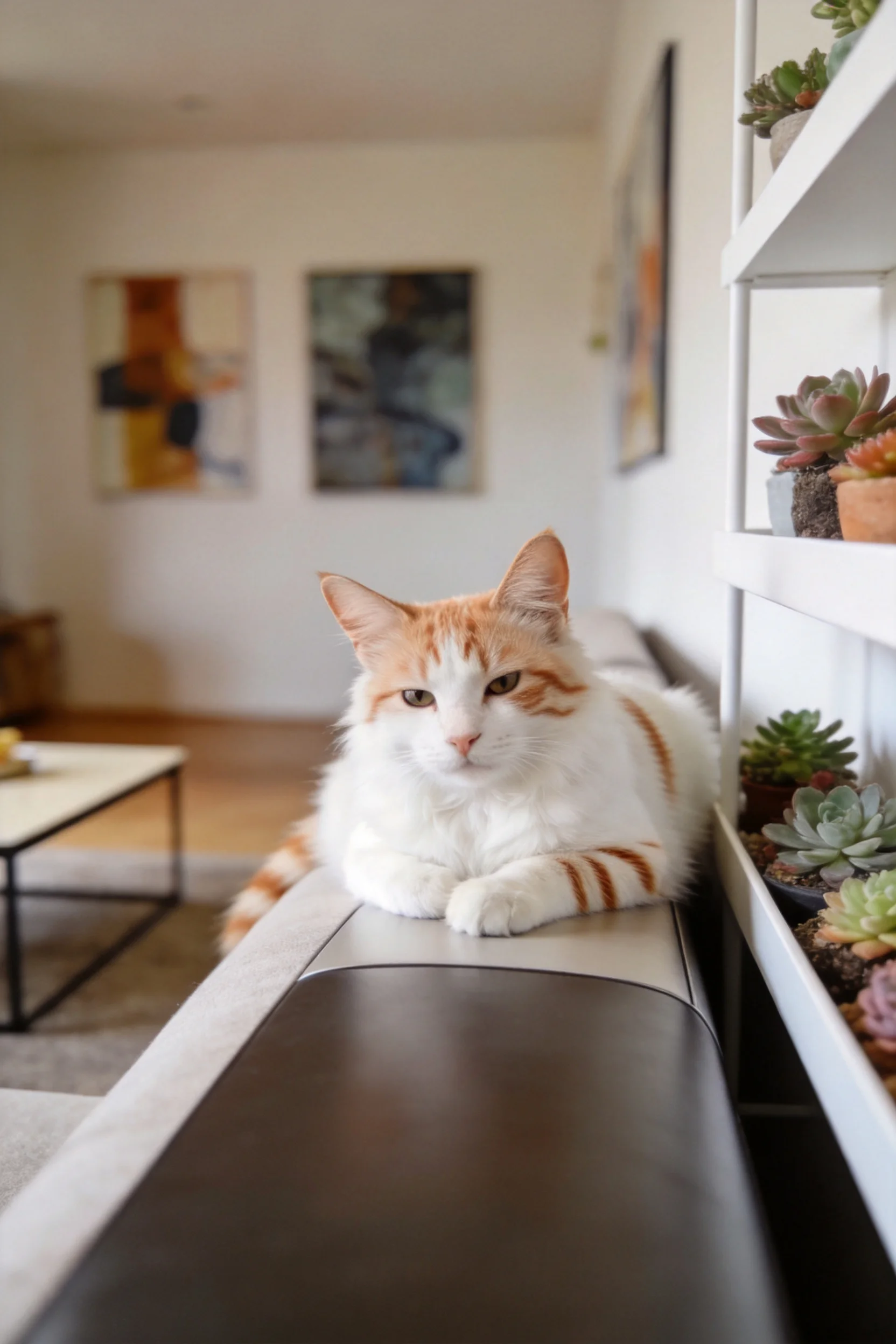 橘白短毛猫趴在客厅沙发上,毛发蓬松柔软,前爪搭在沙发边缘。