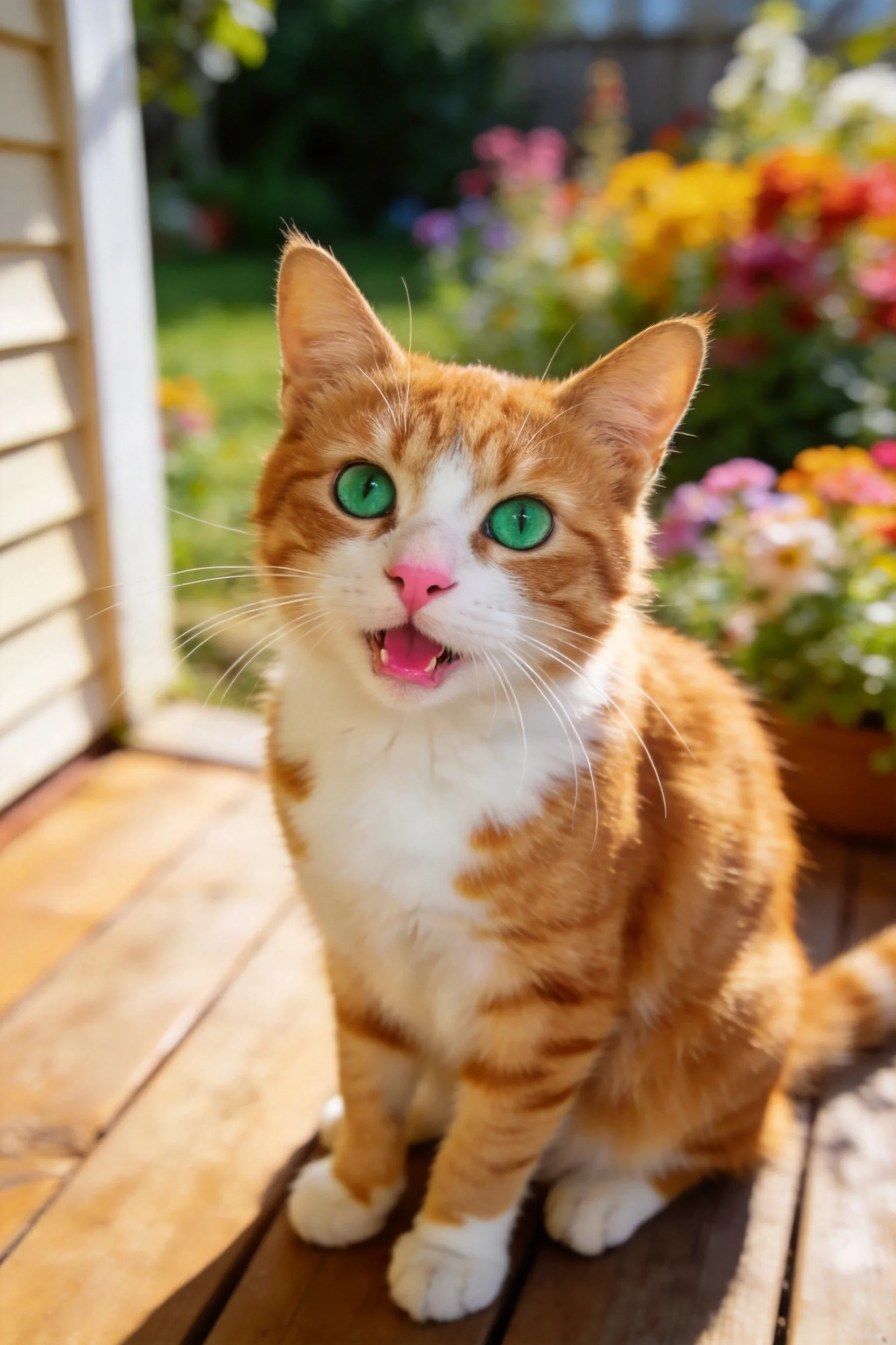 橘白短毛家猫有着明亮的绿色眼睛和橙白相间的被毛,胡须修长洁白。