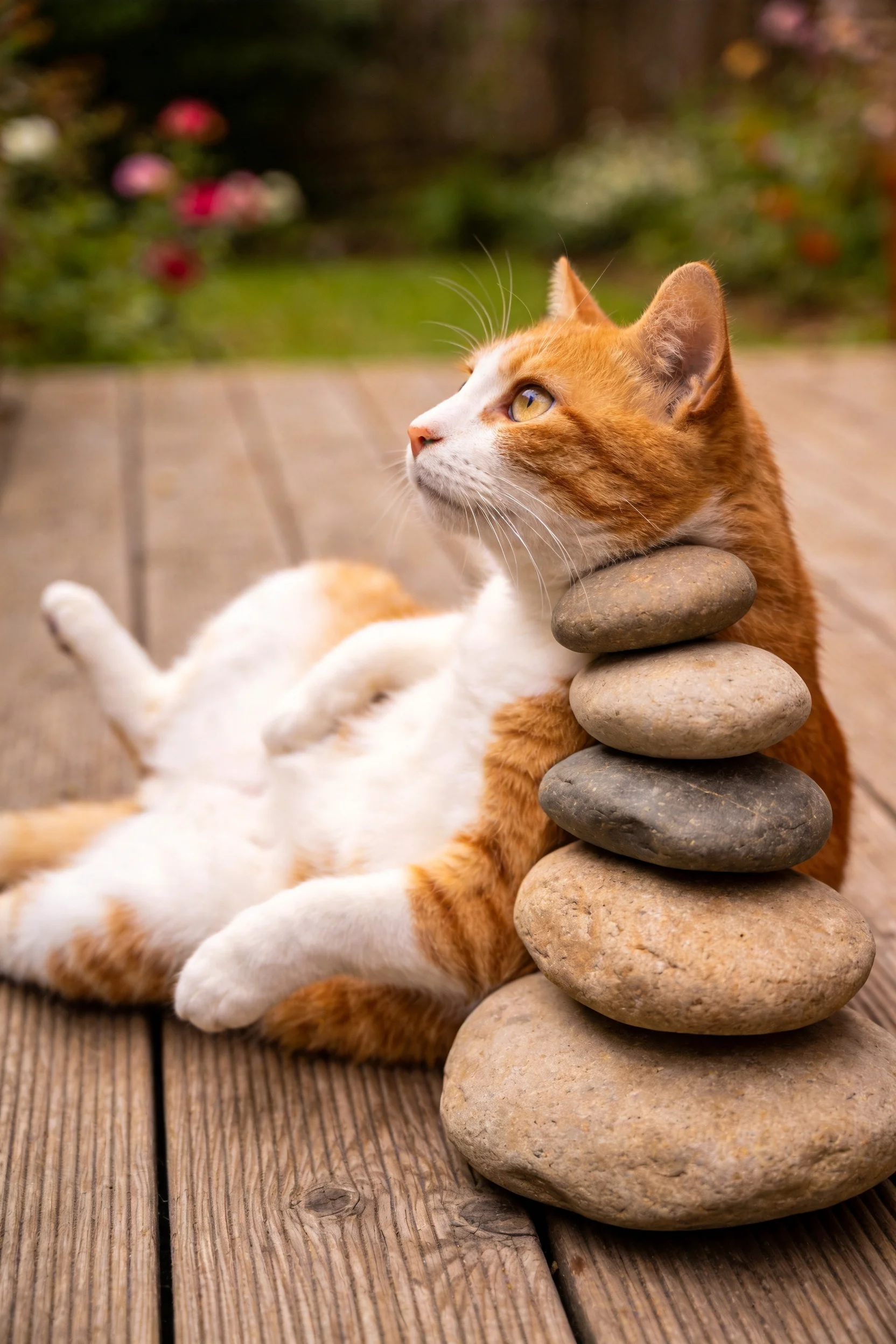 橘白相间短毛家猫侧卧姿态,身旁石块纹理清晰,猫咪眼部明亮。