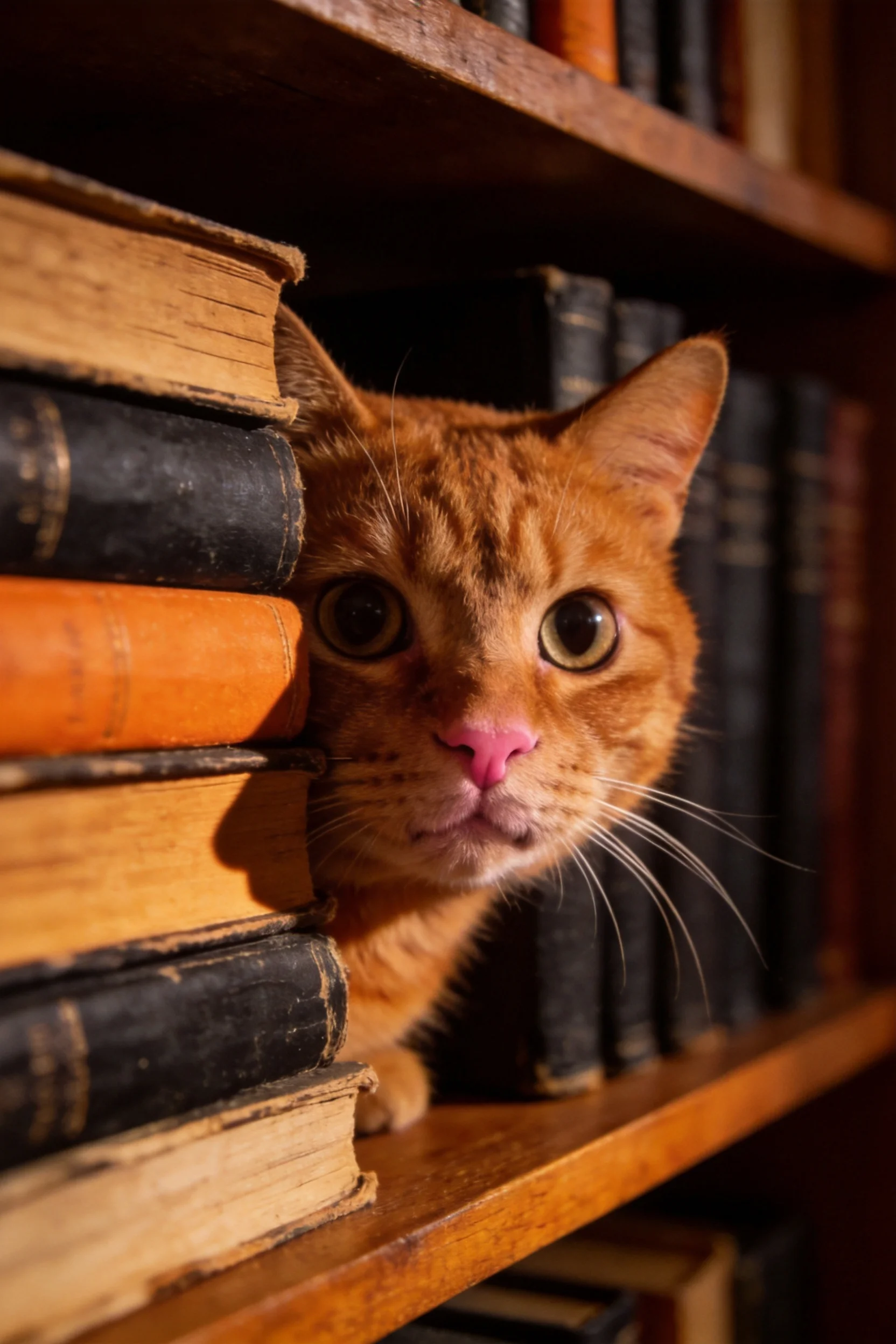 橘色短毛猫将脸探出在书籍之间,拥有明亮的眼睛和粉红色鼻头。