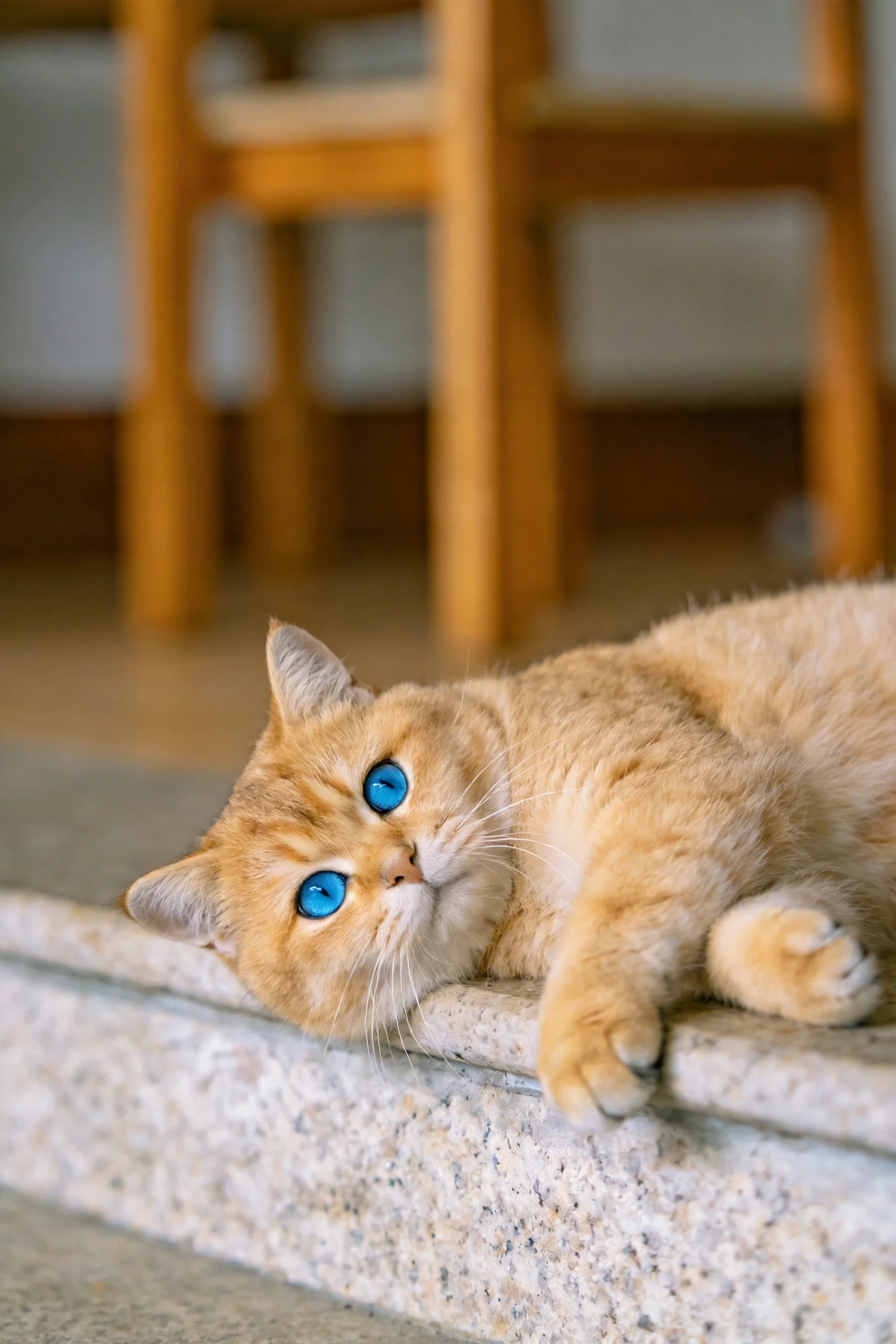 金渐层英国短毛猫有着明亮的蓝色眼睛,暖金色被毛柔软贴附在石阶边缘。