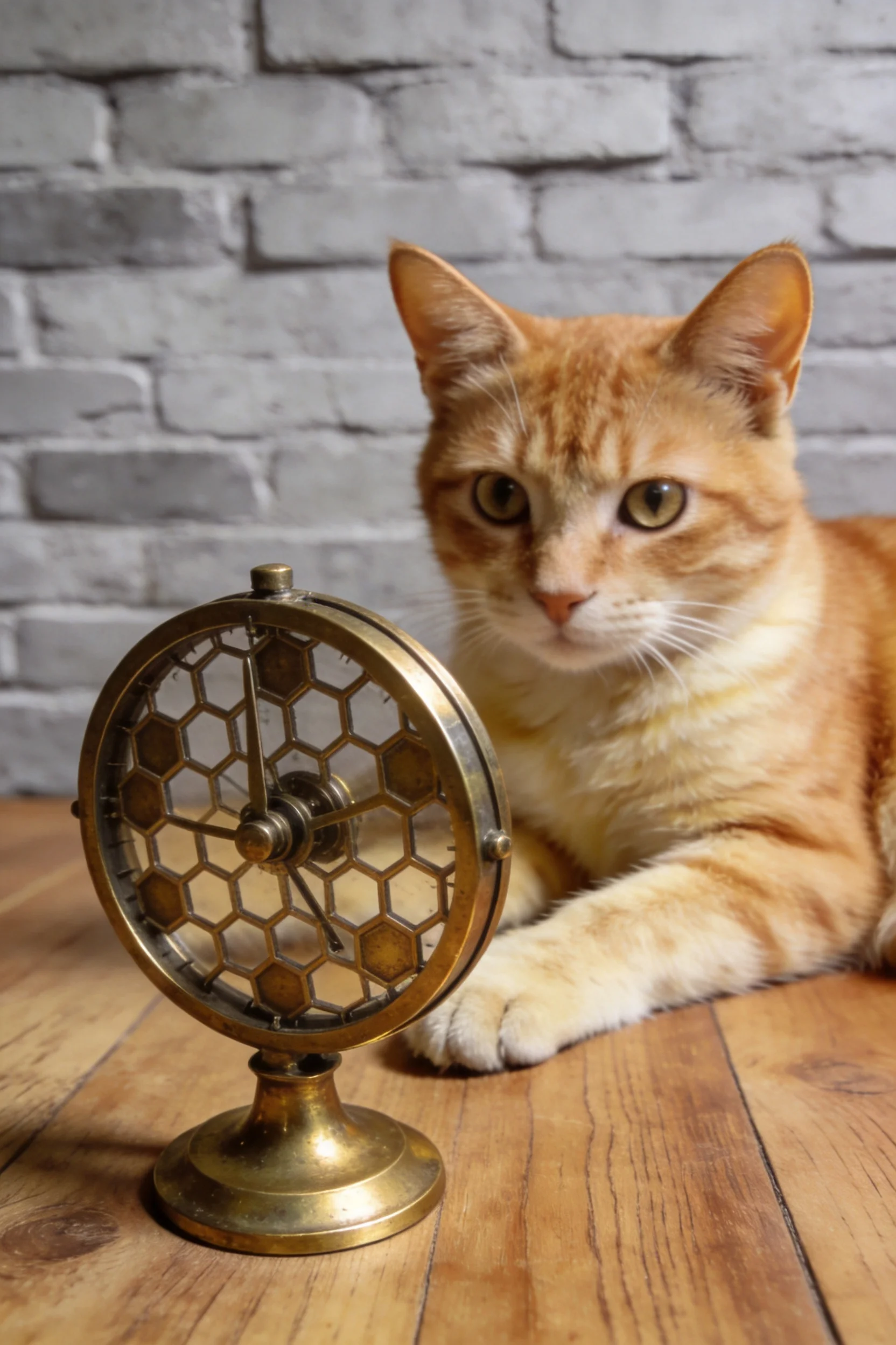 一只橘色短毛猫正专注地注视着旁边复古风格的金属钟表,其眼睛明亮清澈。