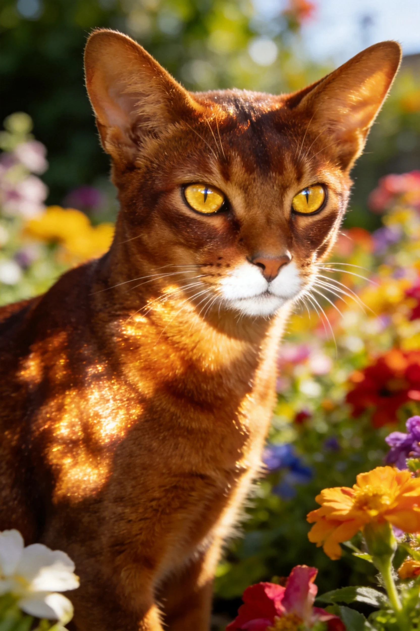 阿比西尼亚猫有着金黄眼眸与红棕色带光泽皮毛,周围环绕彩色花卉。
