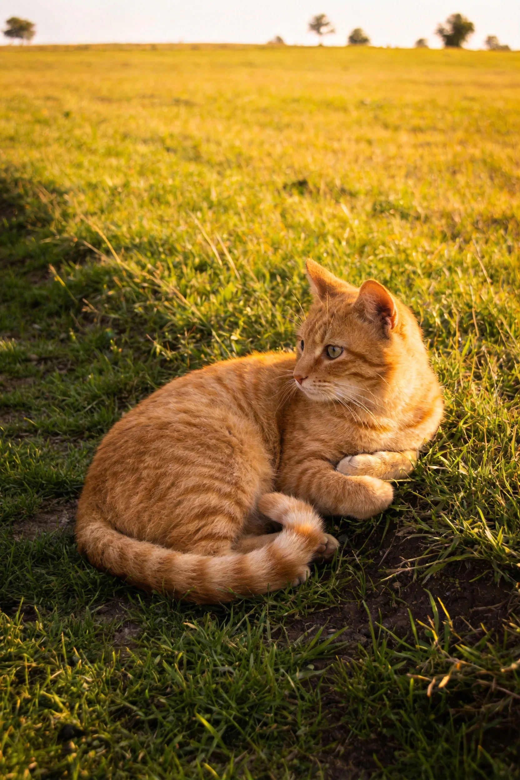 一只橘色短毛家猫安静地趴在草地上,皮毛呈现出温暖的橙黄色调,眼睛明亮注视着远方。